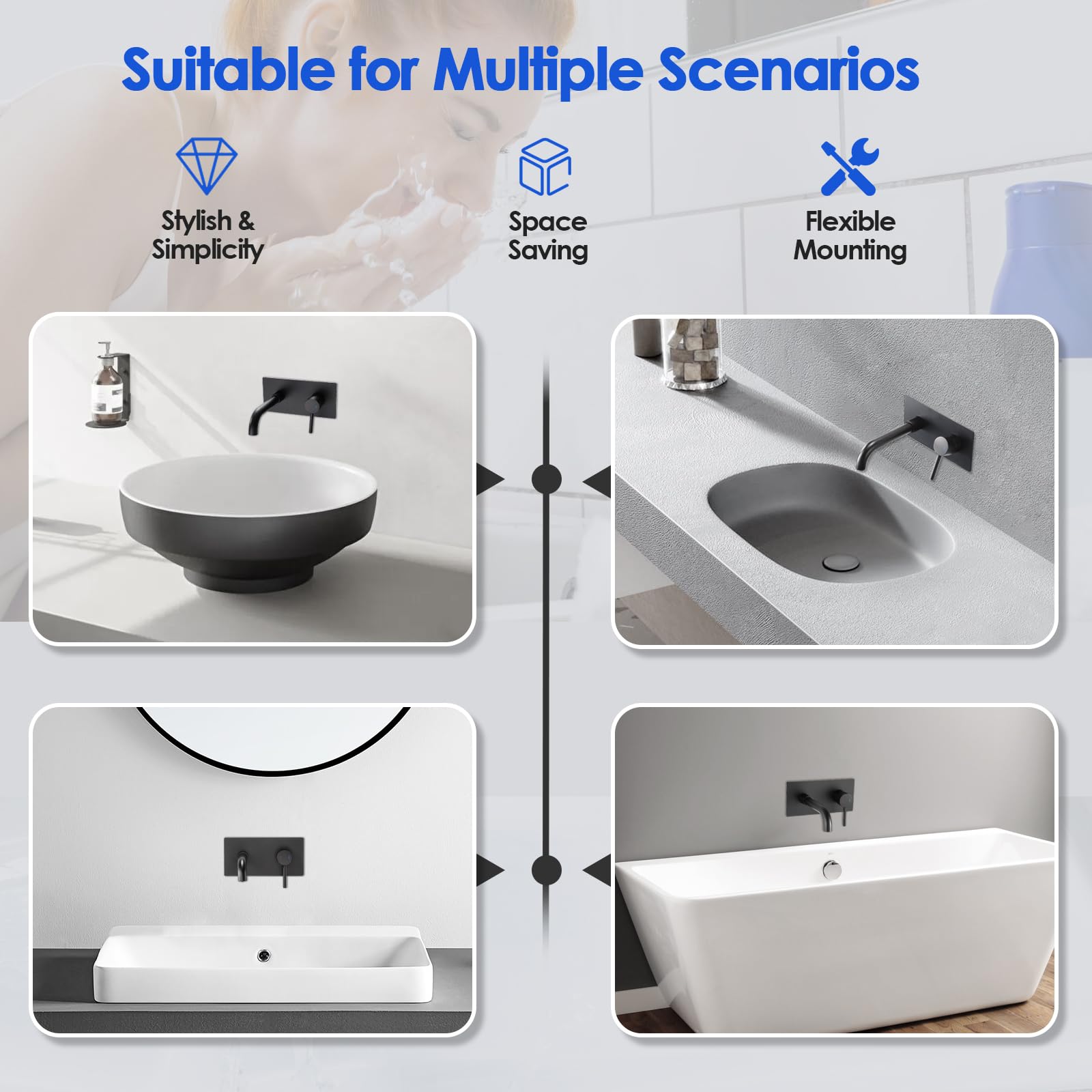 ROVOGO Black Wall Mounted Basin Mixer Tap with Escutcheon & Concealed Stainless Steel Body 304 for Bath or Tub 2-Hole Bathroom Basin Tap with 360° Rotatable Spout - Image 2