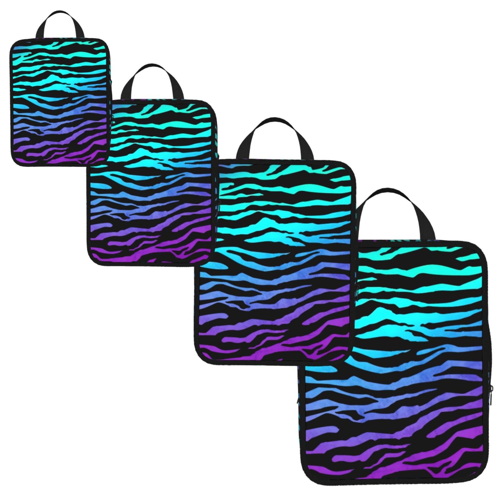 Purple Blue Green Camouflage Zebra Stripes Print 4 Set Compression Packing Cubes for Suitcases,Expandable Storage Bags Organizers