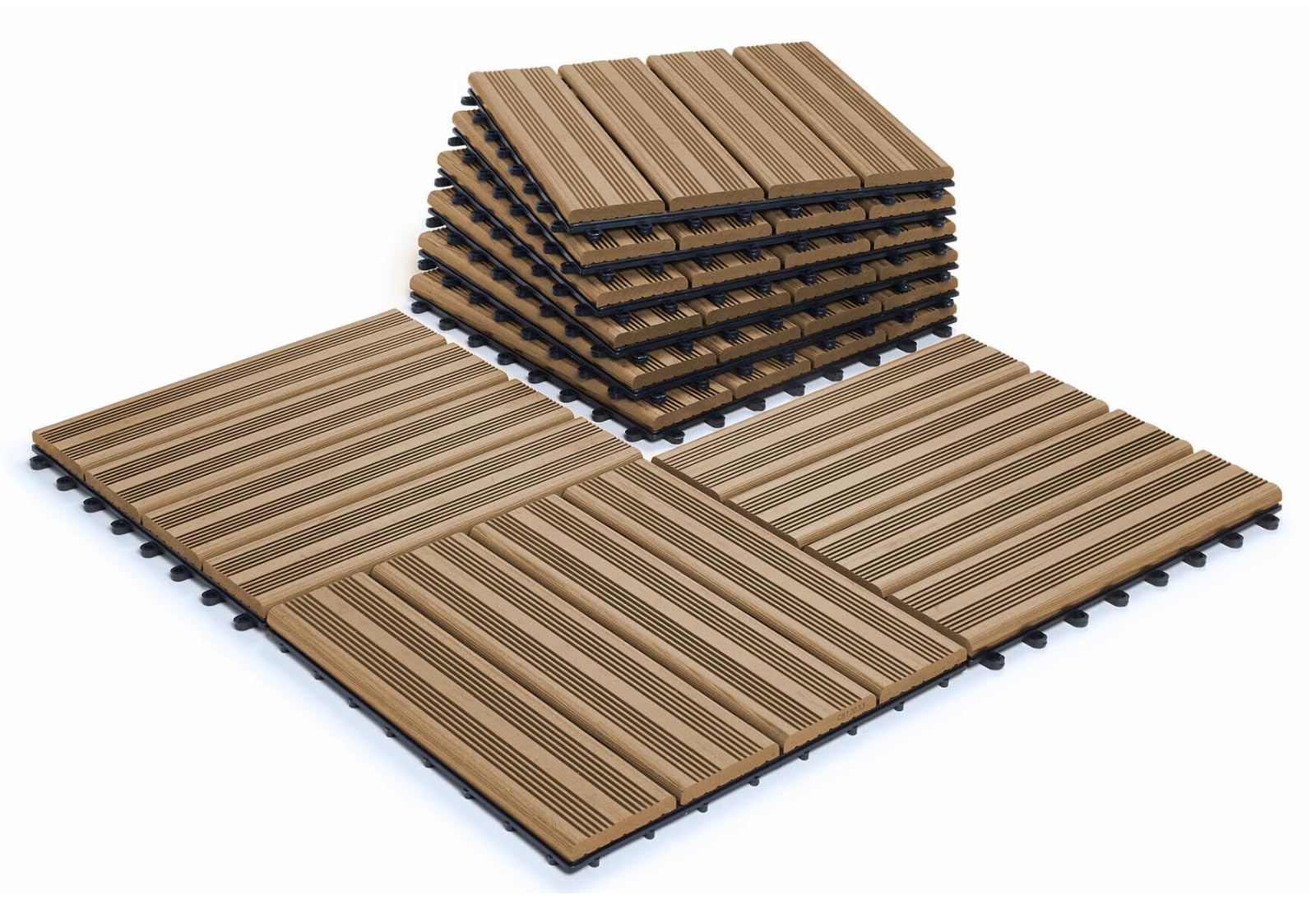 CLICK-DECK Composite Plus Decking Tiles | Patio, Balcony, Concrete, Hot Tub Deck Tiles | 30x30cm Square Connect Flooring | Easy Installation | Low Maintenance | Drainage (6X Deck Tiles, Teak)