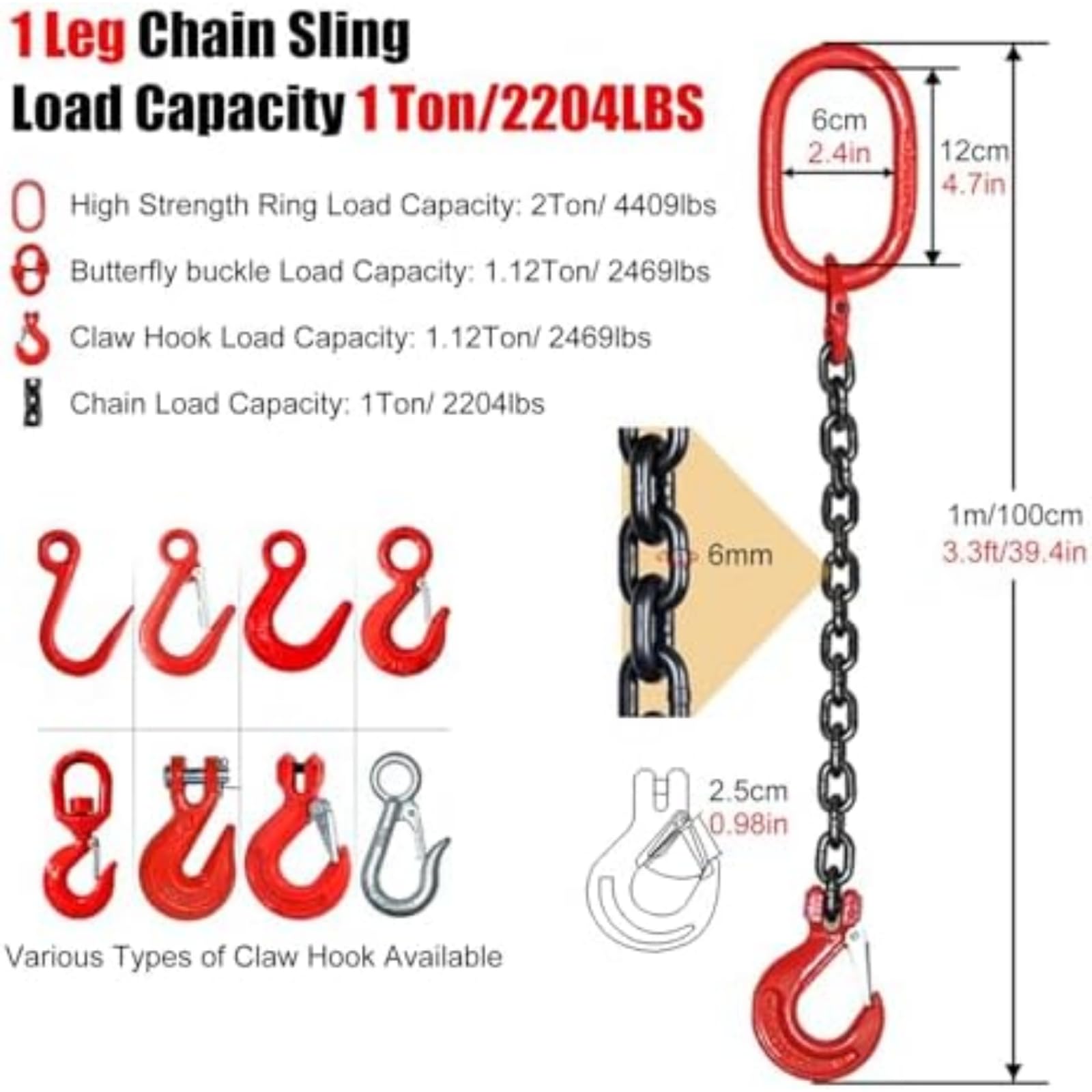 G80 Heavy Duty Chain Sling 6mm Acciaio Rigging Gancio 1 Tonnellata capacità per Il Sollevamento Industriale di Rimotore Sicurezza di Costruzione