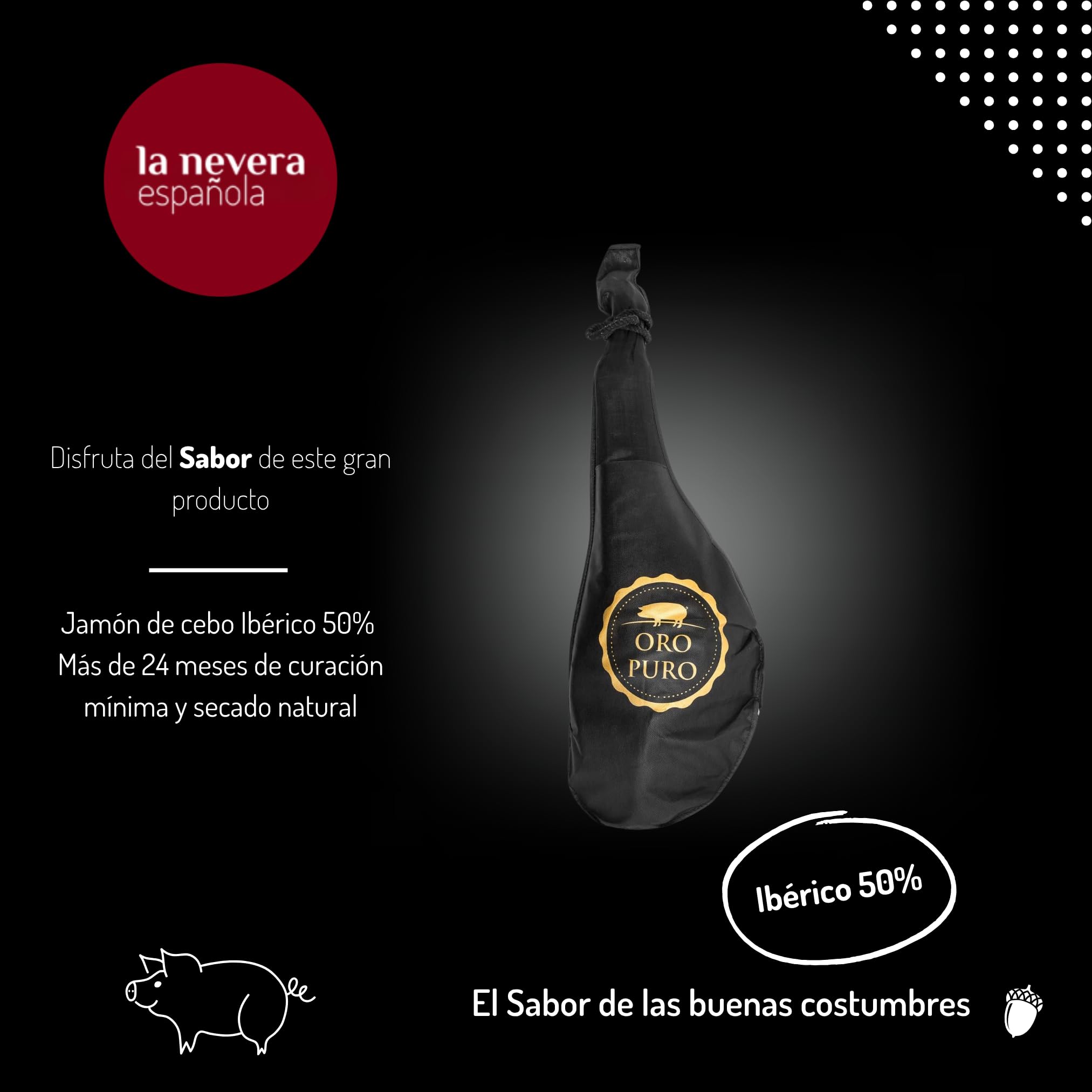 Oro Puro - Jamón de Cebo Ibérico 50% Raza Ibérica - Pieza de 9 kg Aprox con Curación + 24 meses y Secado natural - Cerdos en Régimen Extensivo