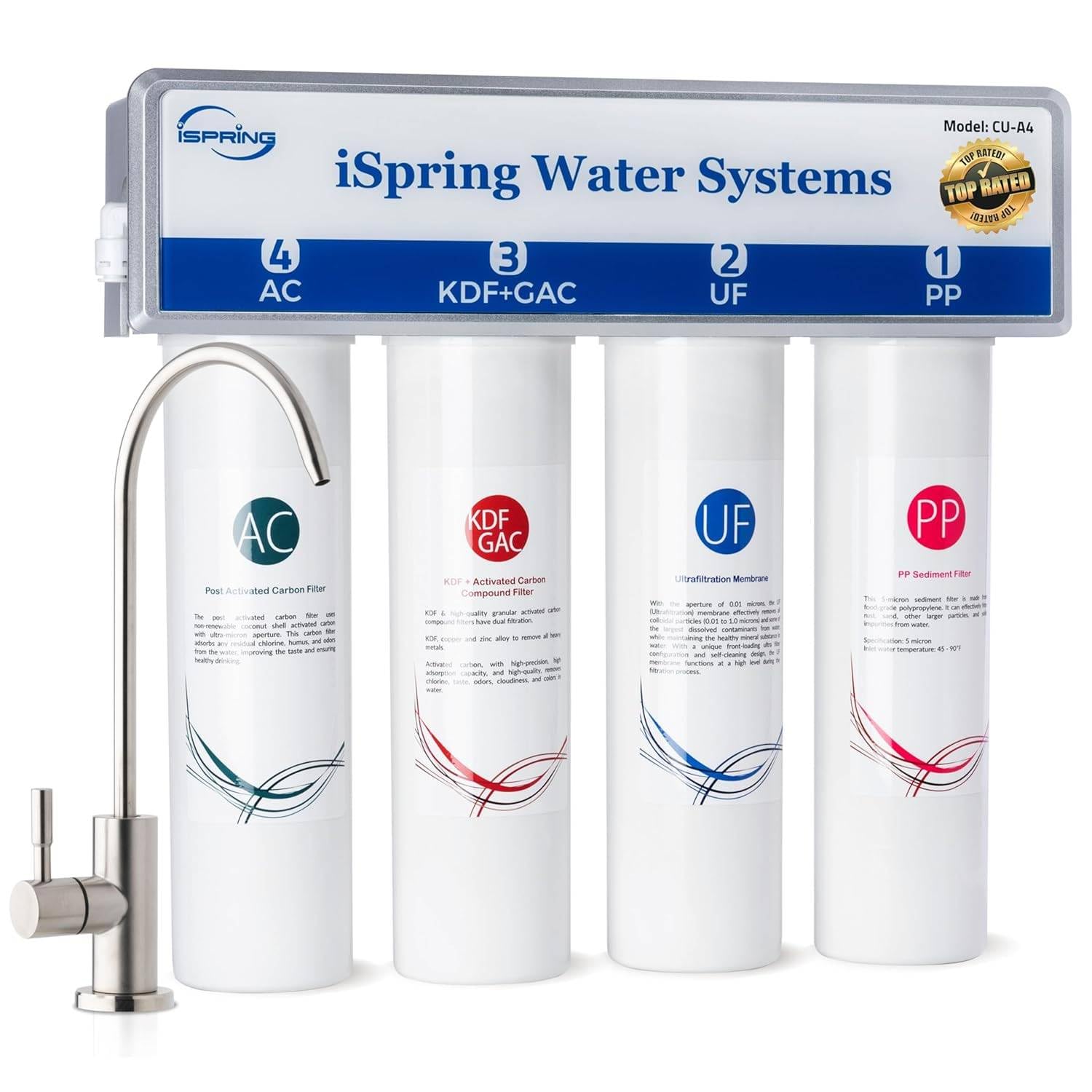 iSpring CU-A4 0.01μm Ultrafiltración Bajo el Fregadero, Sistema de Filtro de Agua, Sin Tanque, 4 Etapas, Alta Capacidad, Elimina el 99,99% de Contaminantes, Cambio Rápido, Filtro con Grifo de Cromo