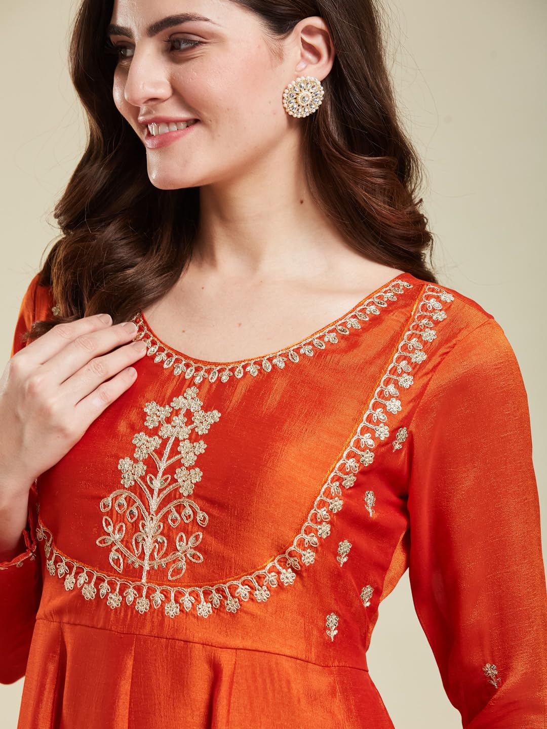 MOKOSH Women's Silk Anarkali & Pant with Dupatta Set (417-06-L_Orange) - Image 6 thumbnail