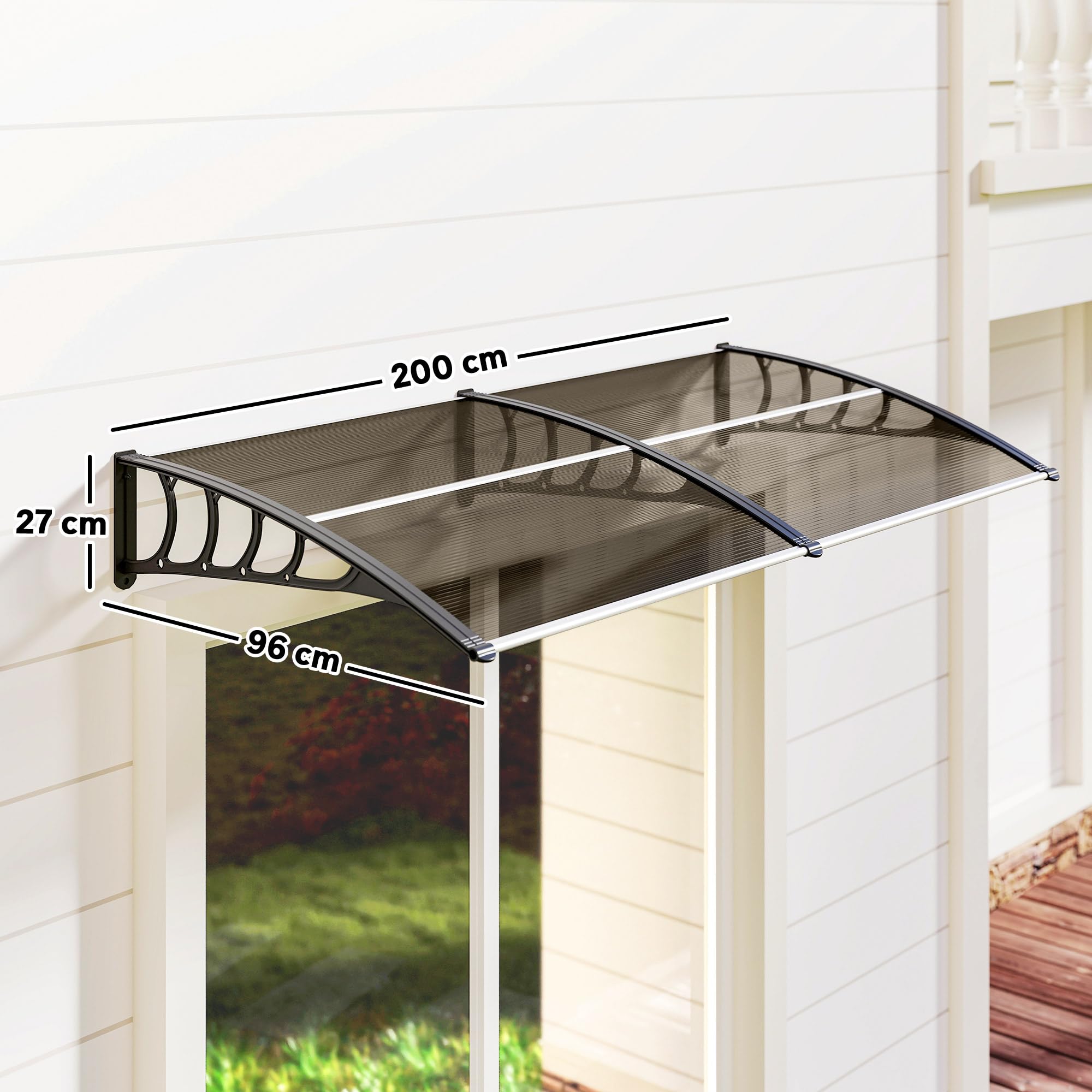 Outsunny Auvent de Porte d'entrée, Toit Marquise de Porte Exterieur en Polycarbonate et Profil Aluminium, Protection Contre la Pluie et UV pour terrasse, Balcon, 200x96 cm, Marron