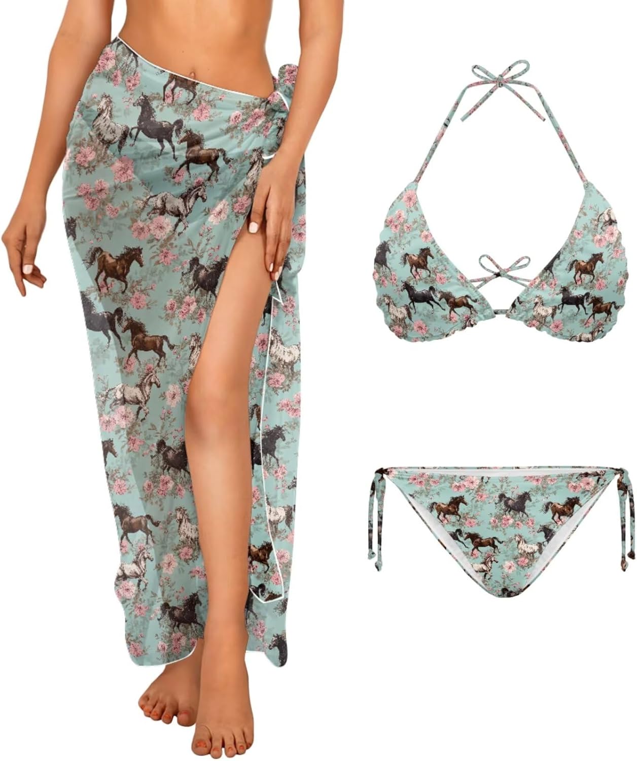 Xpyiqun Bikini Sets for Women 3 Piece Swimsuits with Cover Up Skirt Halter String Bathing Suit Beach Swimwear Coverup