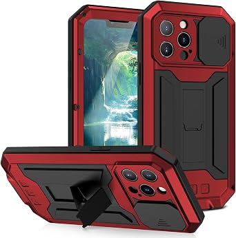 iPhone 13 Metal Case with Screen Protector Kickstand Camera Slide Cover - Heavy Duty Military Sturdy Armour Shockproof for Man Red