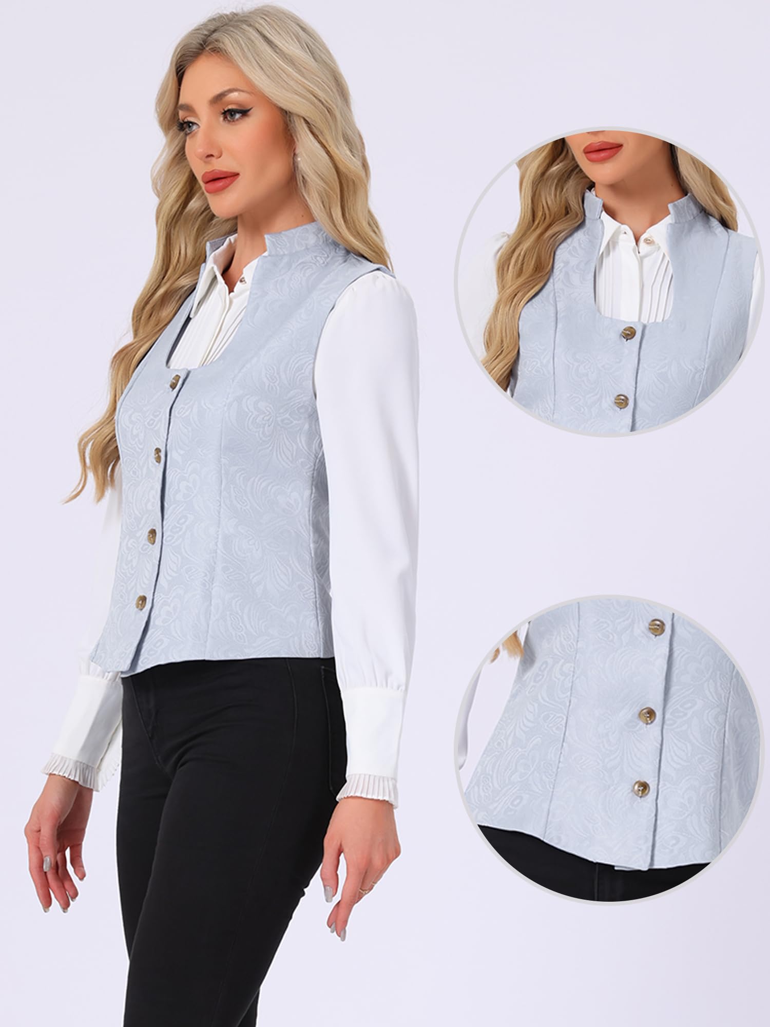 Allegra K Gilet Femme Steampunk Jacquard à Fleurs sans Manches Bureau Blazer Soirée