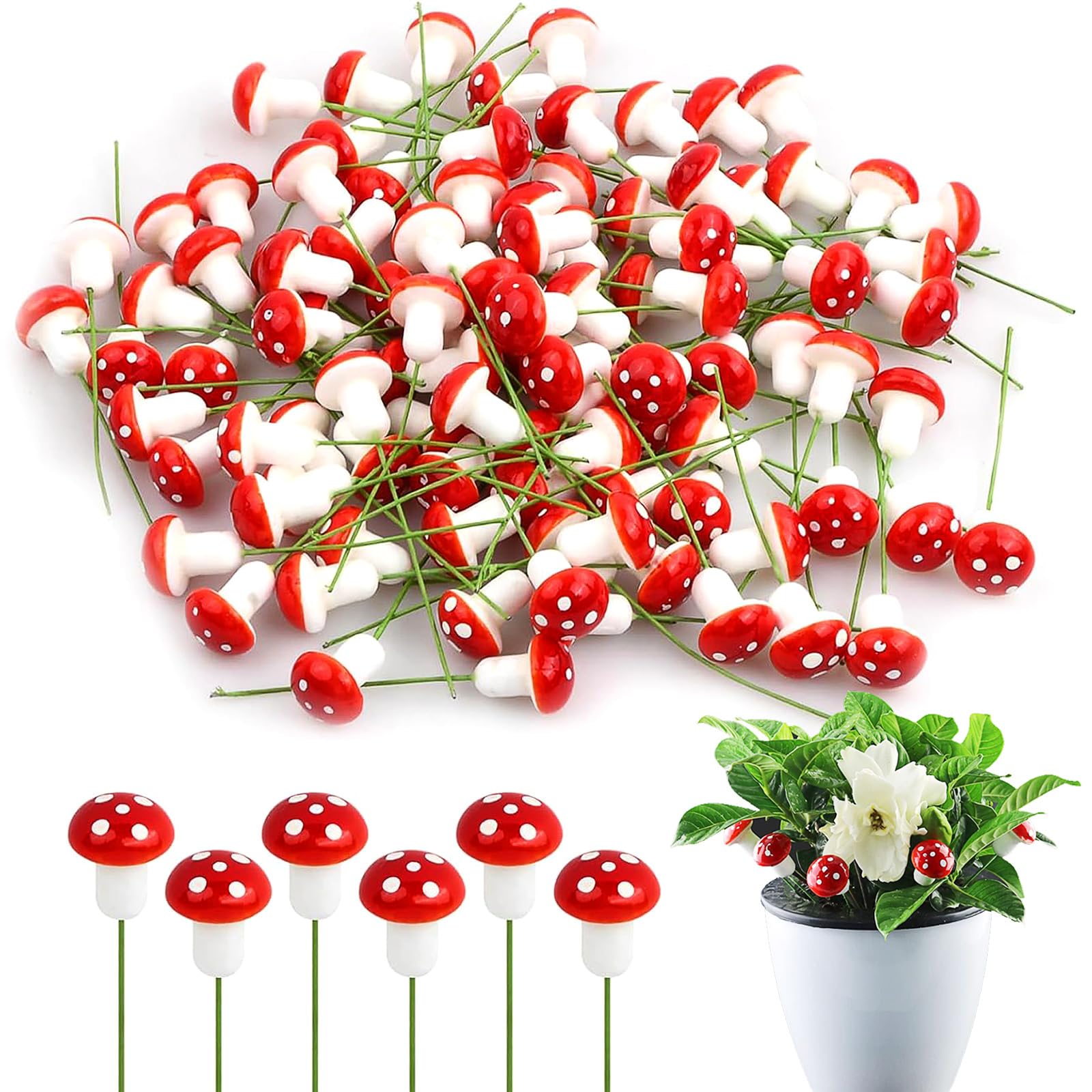 Setas Decorativas en Resina,50 Piezas Estatuillas de Jardín 2cm Antideslizantes | Adornos Exteriores para Macetas, Terrarios & Decoración de Fiestas (Rojo/Blanco)