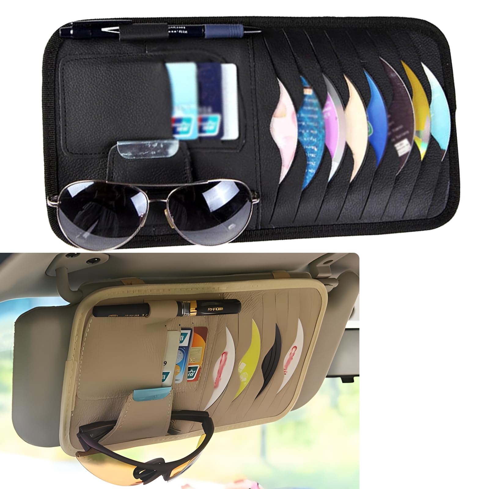Car Sunvisor Organizer, Multi-Pocket CD Sunglasses Pen Card Storage Bag, Leather Anti-Scratch Protective Bag with Elastic Bands Installation, Universal for Most Cars Trucks (Black)