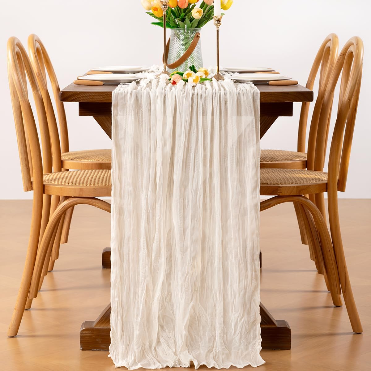 12pcs Ivory White Easter Cheesecloth Table Runner Boho Gauze Spring Table Runner 22×120 inches 10FT Table Decor for Wedding Festival Baby Bridal Shower Birthday Party Ceremony