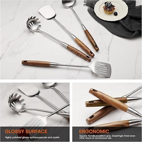Miniatura 4 de Juego de 10 utensilios de cocina de acero inoxidable 304 utensilios de cocina resistentes al calor, mango de madera, herramientas de cocina de