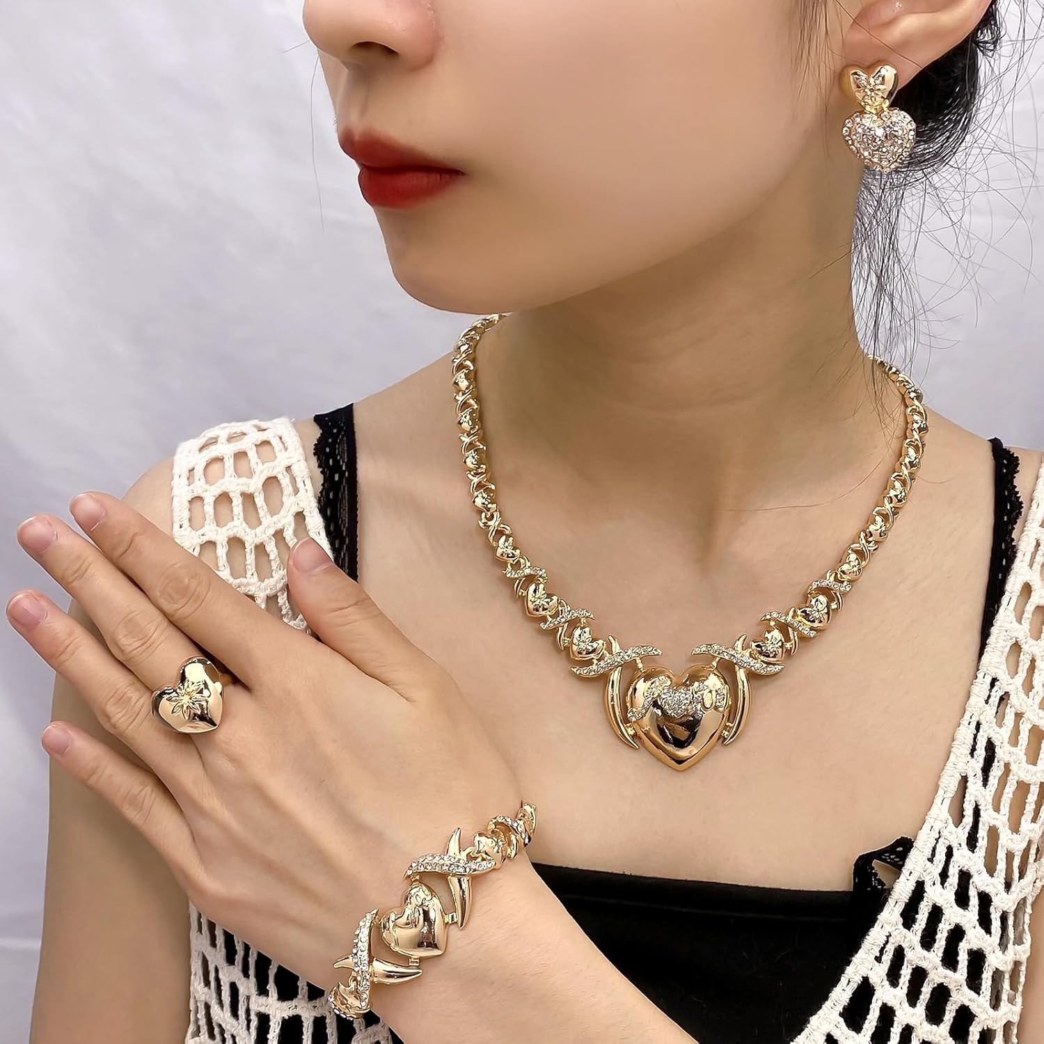 XOXO Women Jewelry Necklace Set 18K Gold Plated Bride Bridesmaid Fashion Rhinestone Wedding Jewelry Necklace Earrings Bracelet Ring 4 Pieces Set