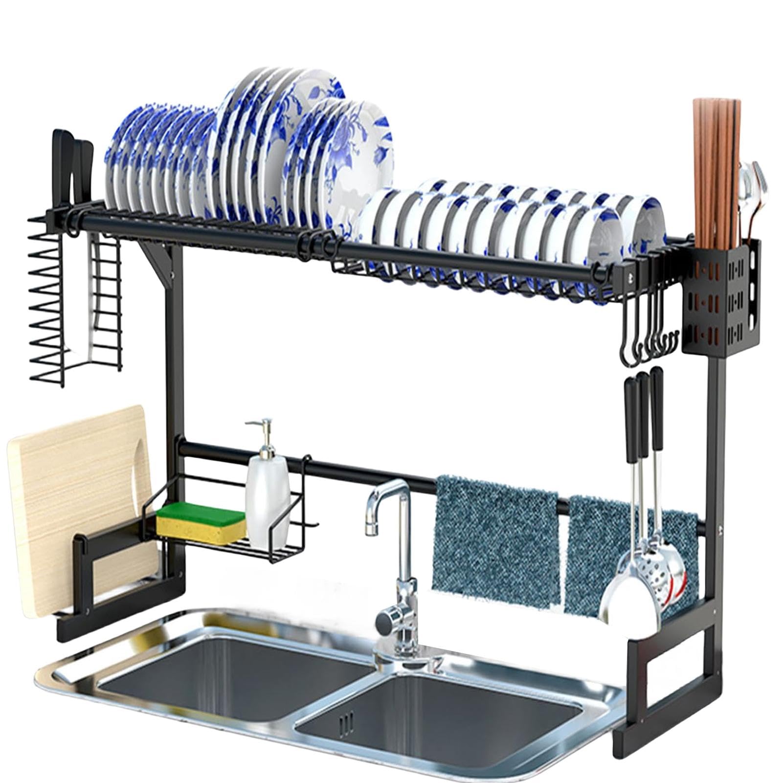 Escurridor de platos para fregadero, escurridor impermeable con ganchos, utensilio multifuncional con fregadero, soporte de secado compacto, escurridor de acero inoxidable para cocinas pequeñas | utensilio multifuncional con fregadero, soporte de secado c