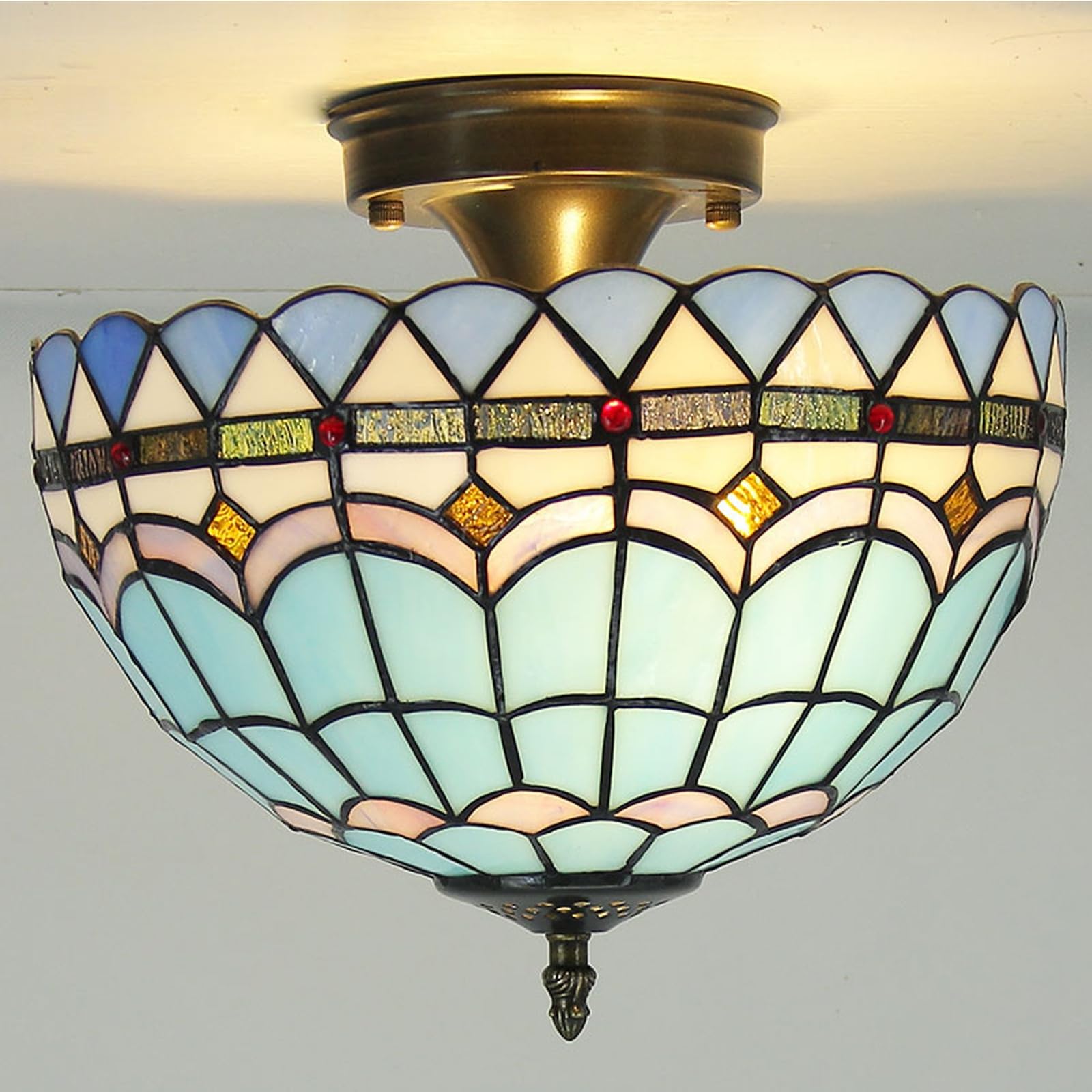 WDBZTJ Tiffany Style Ceiling Light Flush Mount, 12 inch Stained Glass Ceiling Lamp, E27 Bulb, Vintage LED Chandeliers for Living Room Bedroom(B4)