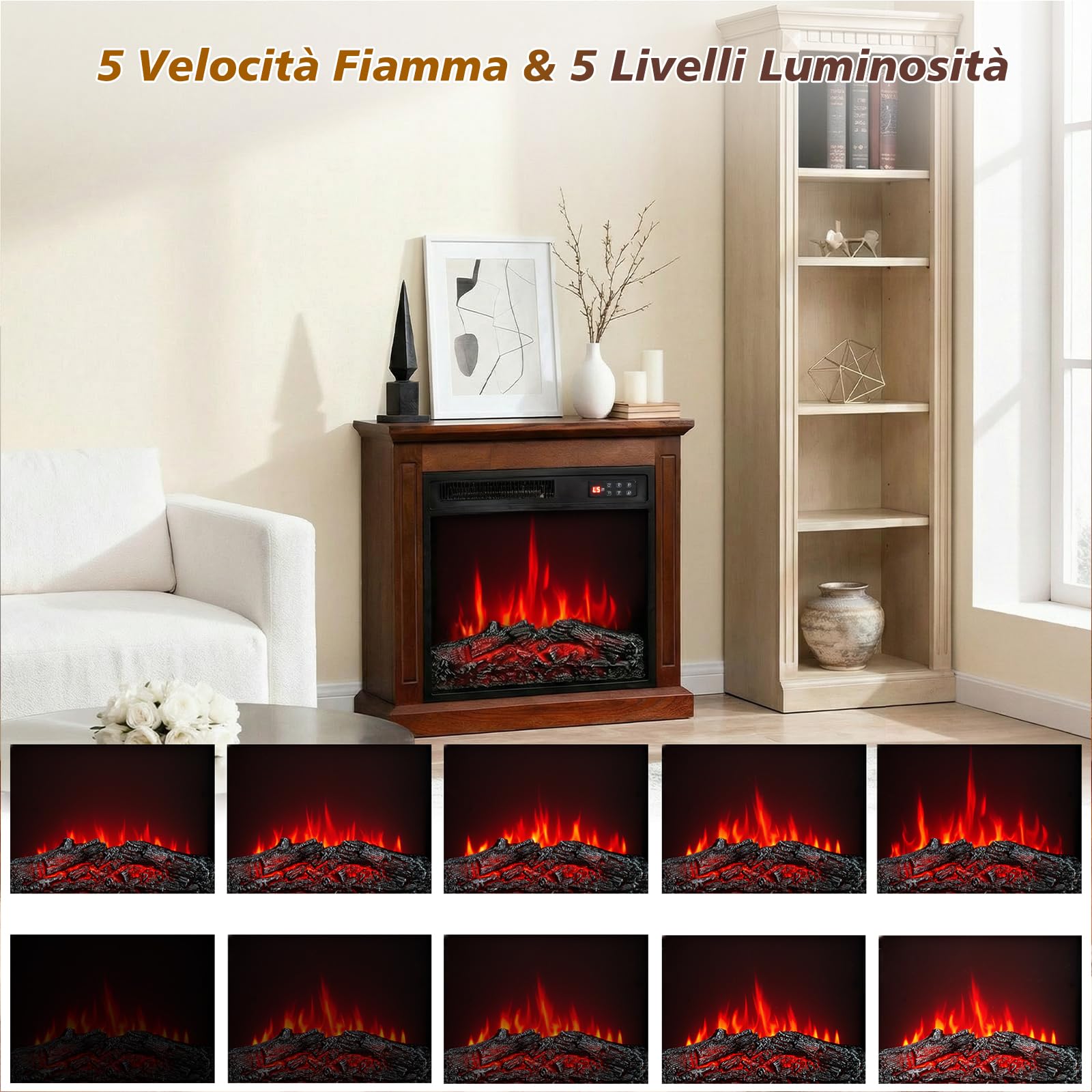 18" Caminetto Elettrico, 900W/1800W Camino Elettrico, 7 Colori di Fiamma 3D, Telecomando, Protezione Surriscaldamento, Timer, incluido Cornice