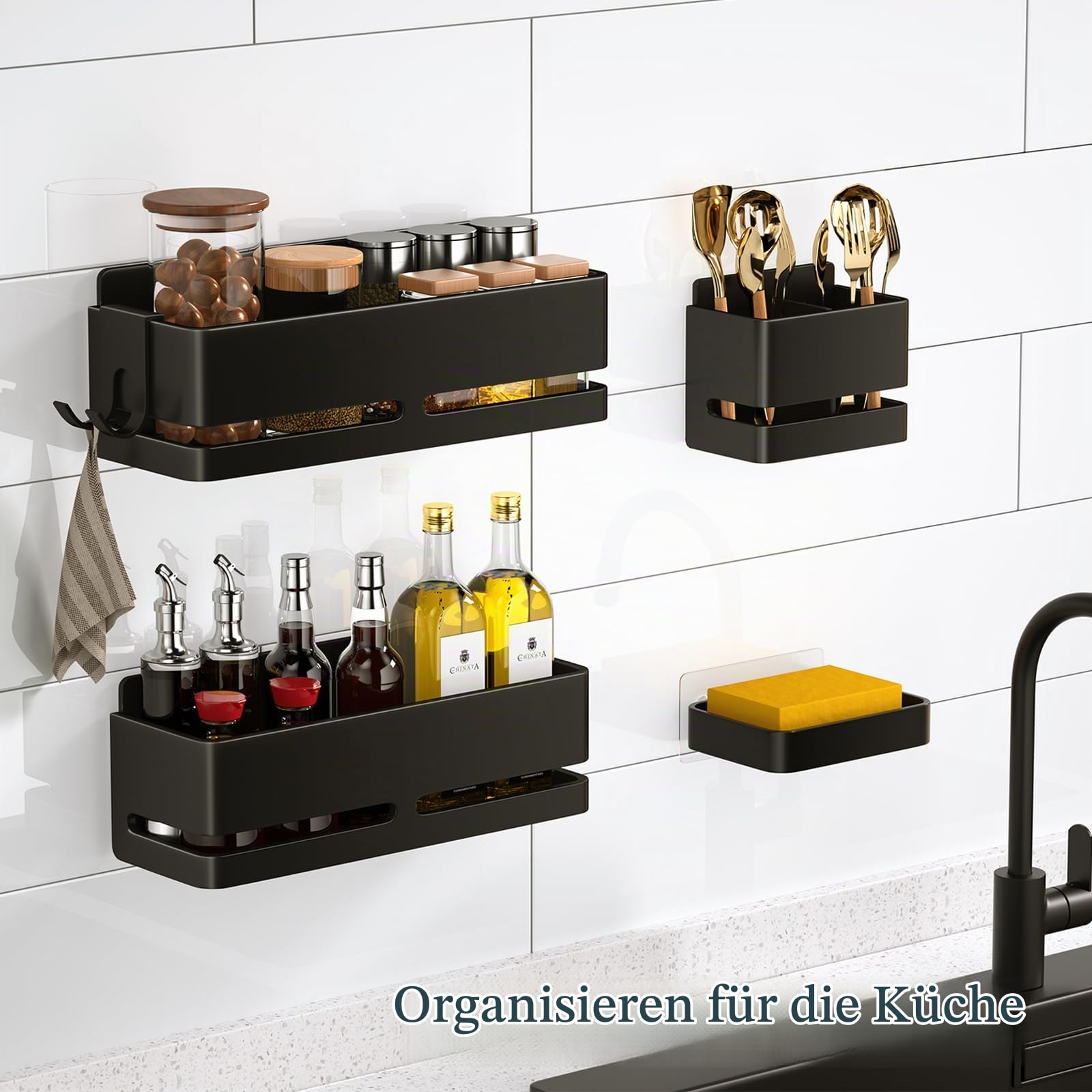 Badezimmer Aufbewahrungsregal 5er-Set, Grau duschkorb，ohne Bohren | Zwei Badezimmerregale, ein Zahnbürstenhalter und eine Seifenschale; multifunktionale Aufbewahrung; wasserfest und rostfrei.
