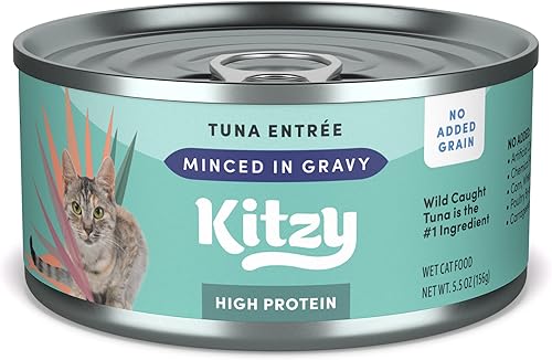 Tienda Brand Kitzy Alimento húmedo para gatos con alto contenido en proteínas, sin granos, atún capturado en salsa salvaje, 5.5 onzas (paquete de