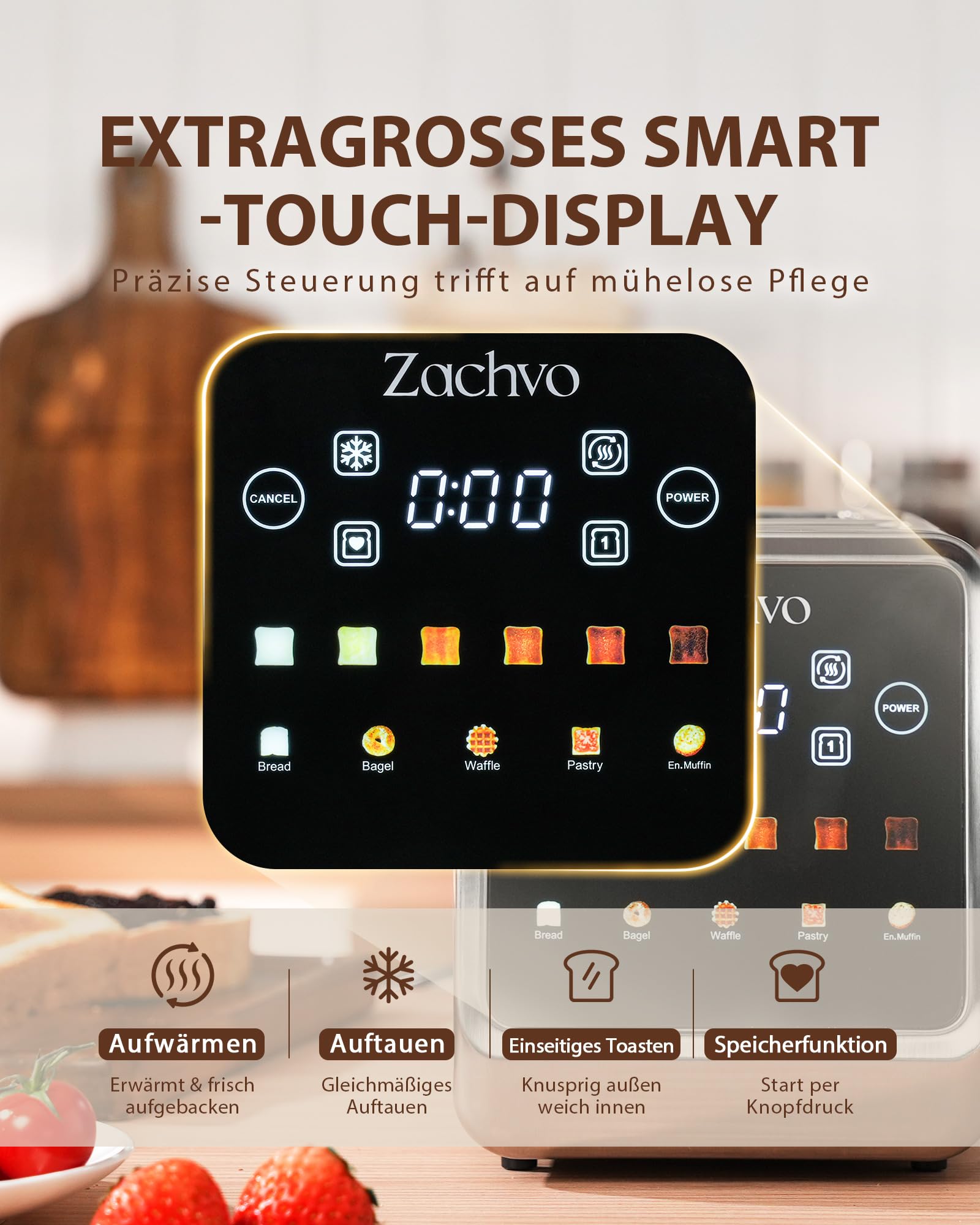 Toaster 2 Scheiben Edelstahl mit Smart Touchscreen & LED-Countdown, Intelligente Memory-Funktion, 3,5cm extra breite Schlitze, Einseitiges Rösten, inkl. Sandwich-Zange & Brötchenaufsatz, 850W
