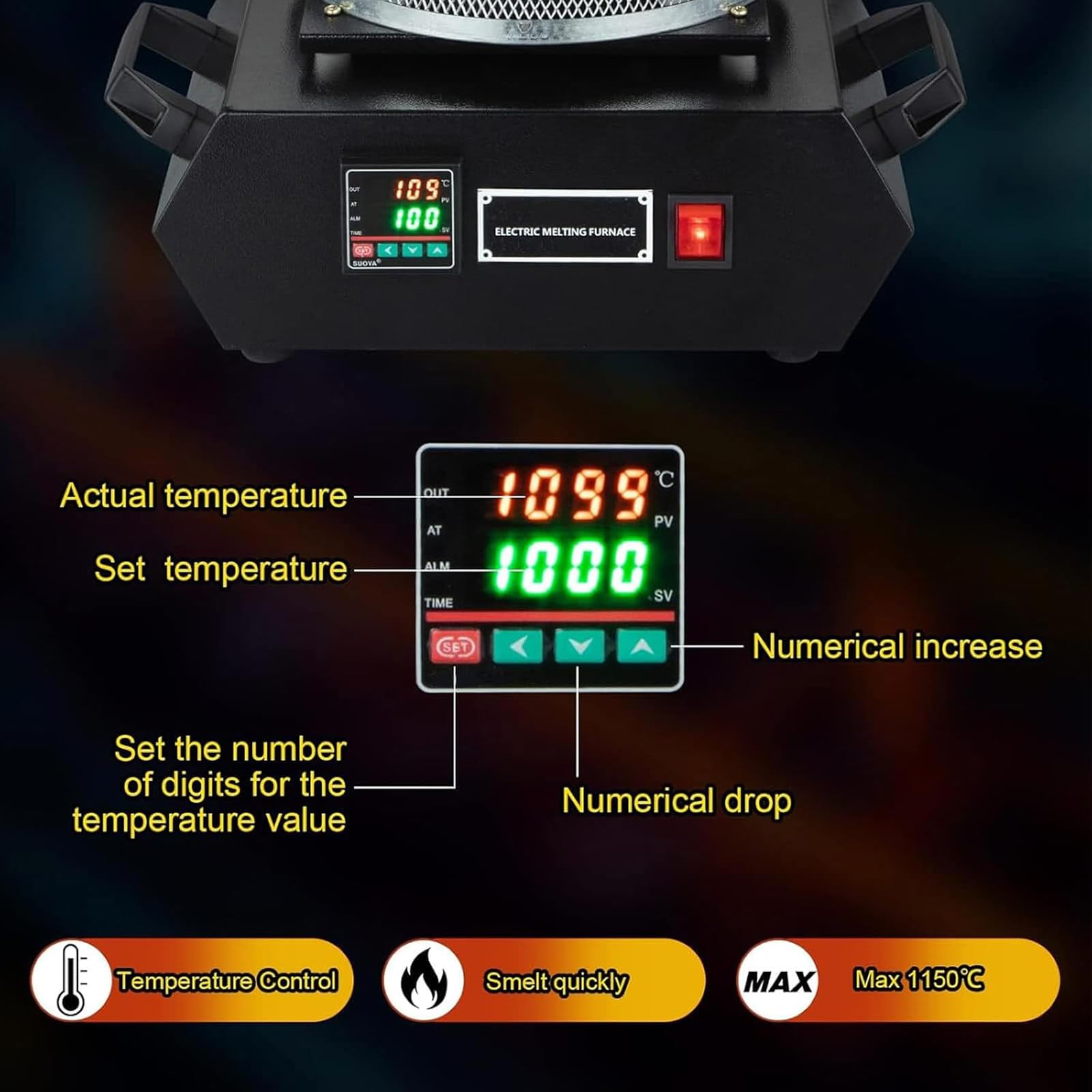Horno de fusión eléctrico de 1750 W, fundición digital de metal dorado y plateado, máquina de fundición de 1150.0 °C, herramienta de fundición de joyas para aluminio de cobre, 1 kg/2 kg/3 kg, 220 V