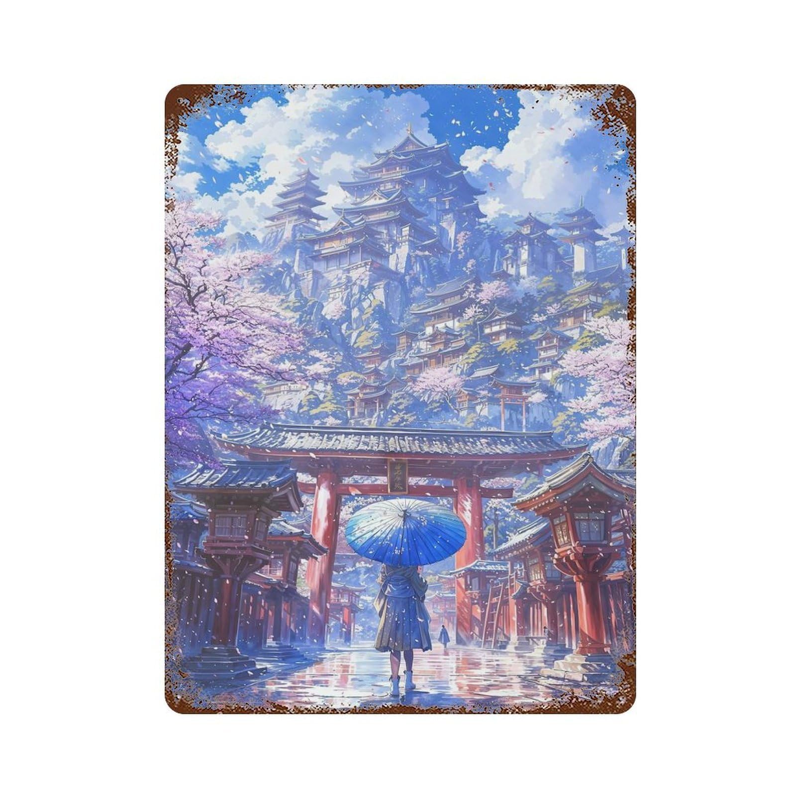 Vintage Rust Metal Sign Sakura Temple Ascent 15.7"x11.8", Decorative Metal Wall Art for Basement, Hobby Room And Garage Decor