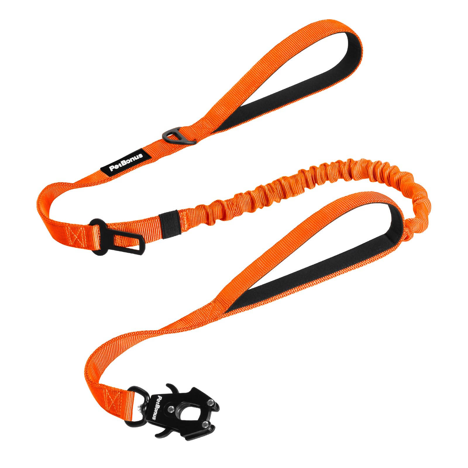 PetBonus Heavy Duty Tactical Dog Lead, 150 cm Bungee Shock Absorption Lead with 2 Padded Handles, Quick Release Metal Clip, Car Seatbelt, No Pull Training Leash for Large Medium Dogs（Orange）