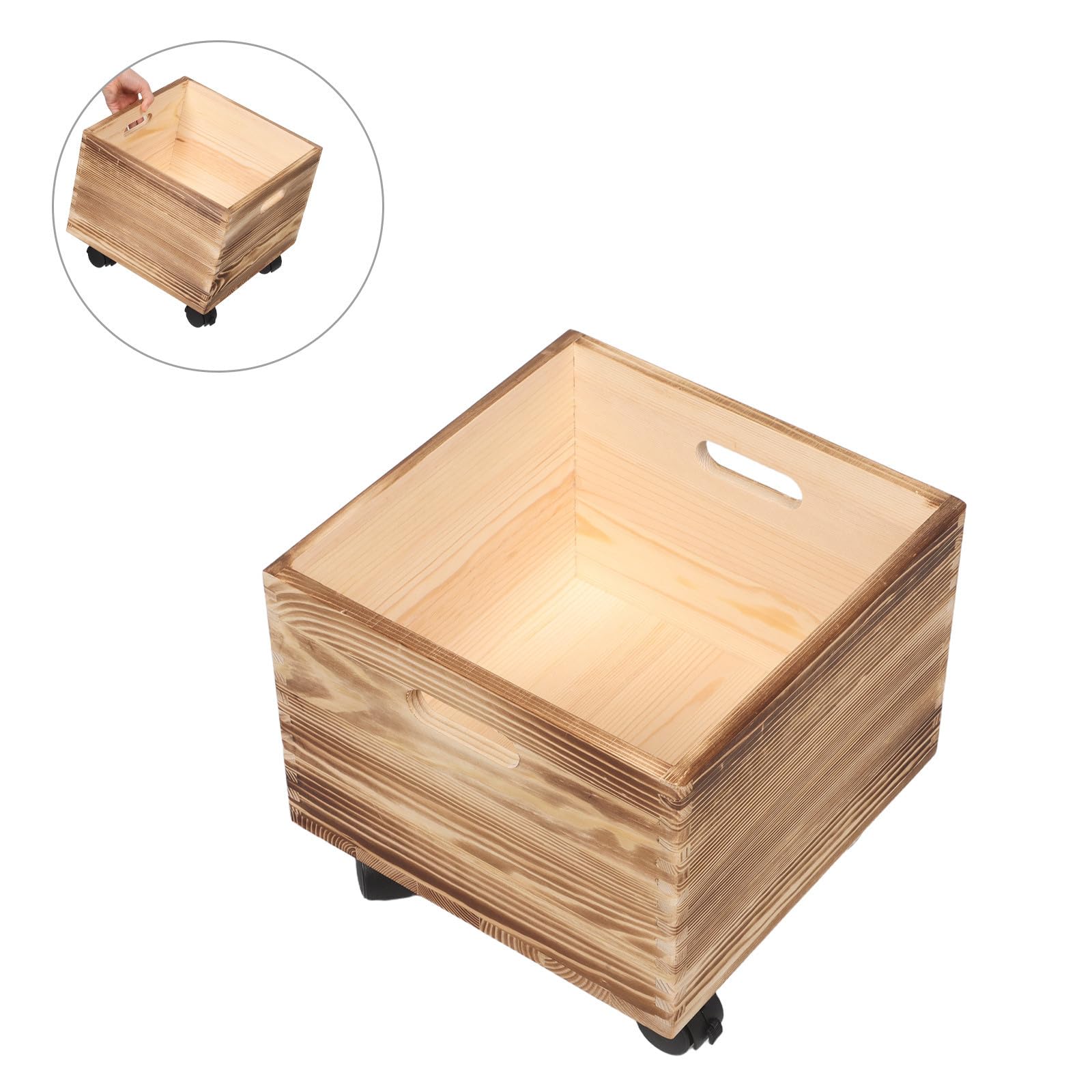 HEMOTON Caisse de Rangement en Bois Solide avec Couvercle, Forme Carrée Rustique, pour Magazines et Disques Vinyles, Portable avec Roulettes, pour Dortoirs et Bureaux