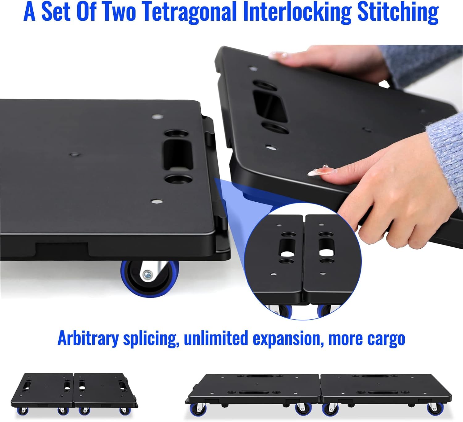 Furniture Dolly,Moving Dolly 4 Wheels Heavy Duty,16in-11in 500lbs Capacity,Furniture Movers Dollys with Wheels,4 Wheels Small Flat Dolly Cart, 2 Pack, Black,Blue Wheel