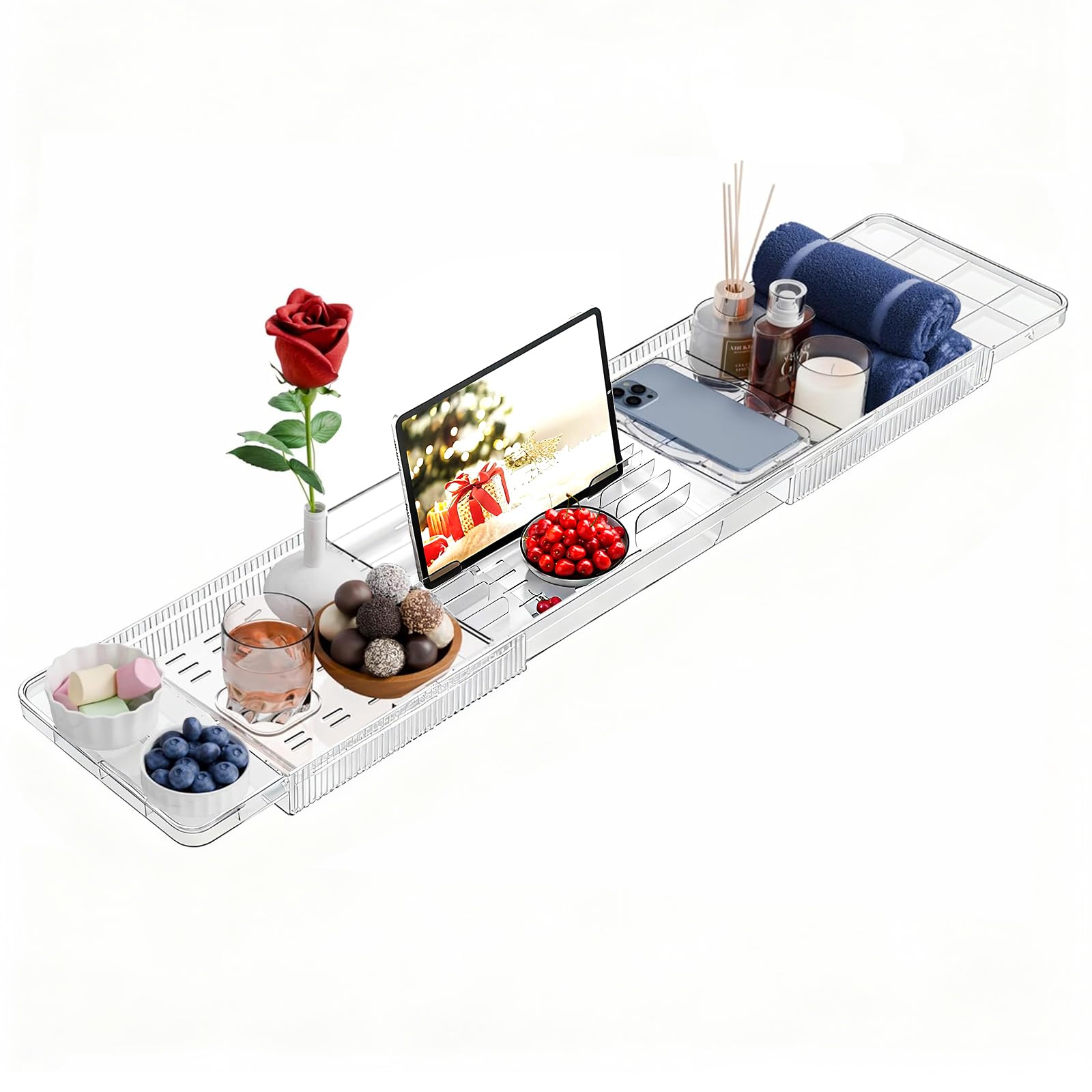 Bath Caddy Tray, Bath Trays for Across The Bath, Expandable Bath Shelf Fits Most Bath Tubs, Bath Board for Home Spa, Acrylic Bath Rack, Gift for Loved Ones, Transparent