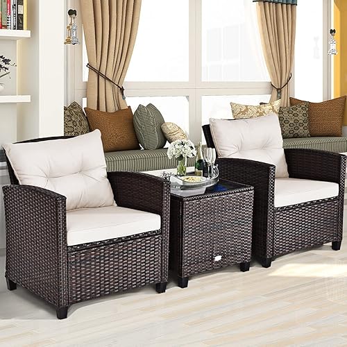 Miniatura 3 de Tangkula - Juego de muebles de patio de 3 piezas, mimbre de ratán de PE, para exterior, con cojín lavable y mesa de vidrio templado, muebles para