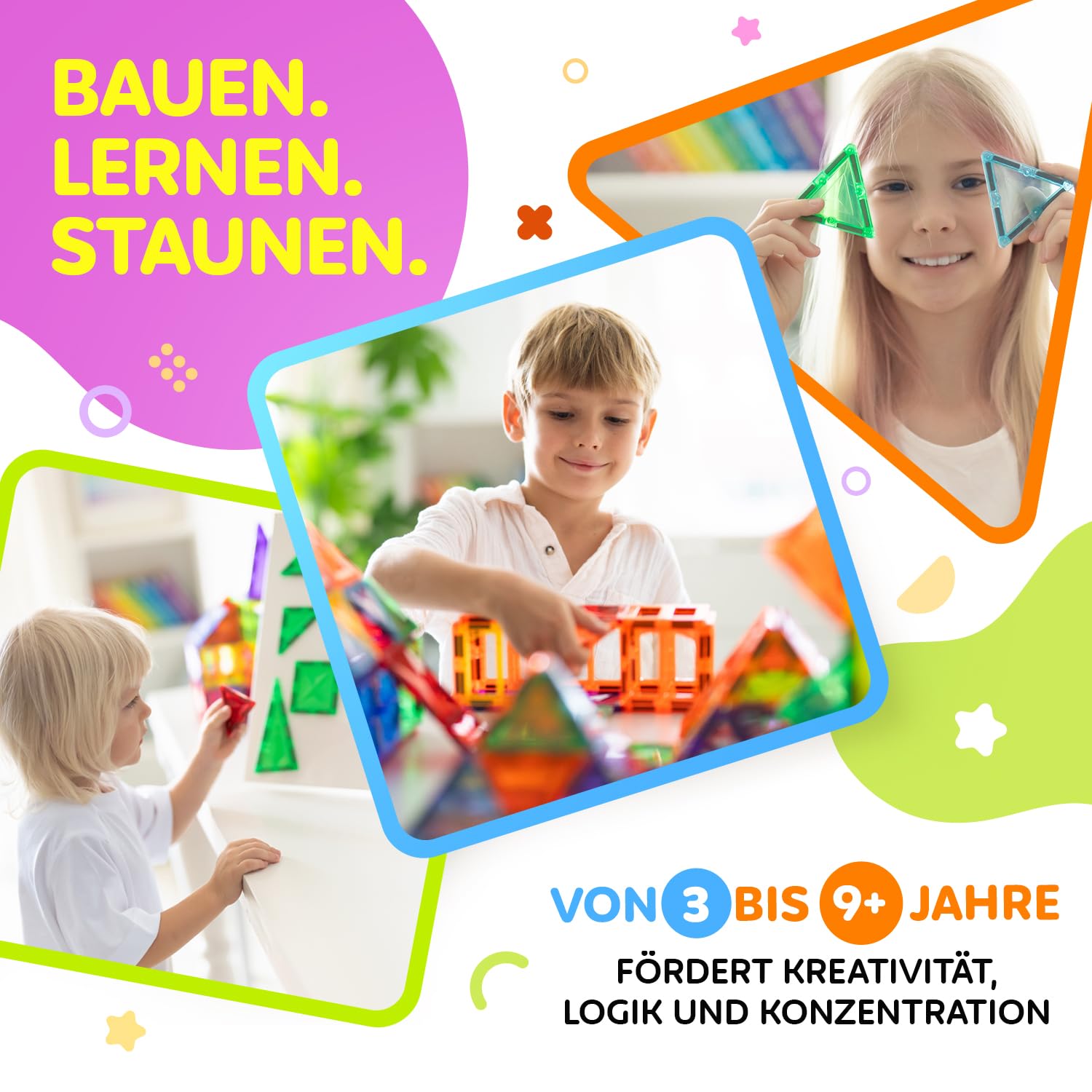 Magnetische Bausteine 120 teilig mit 2 Autos - Magnetbausteine für Kinder ab 3 Jahren - Pädagogisches Magnetspielzeug