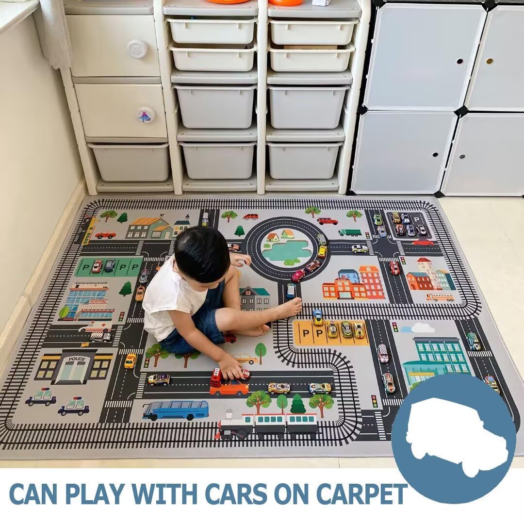 Mata do zabawy City Toy Activity Playmat Road, Mata do zabawy dla samochodzików i pociągów z widokiem na miasto, antypoślizgowy spód, różne rozmiary(Grey,62.9in*90.5in)