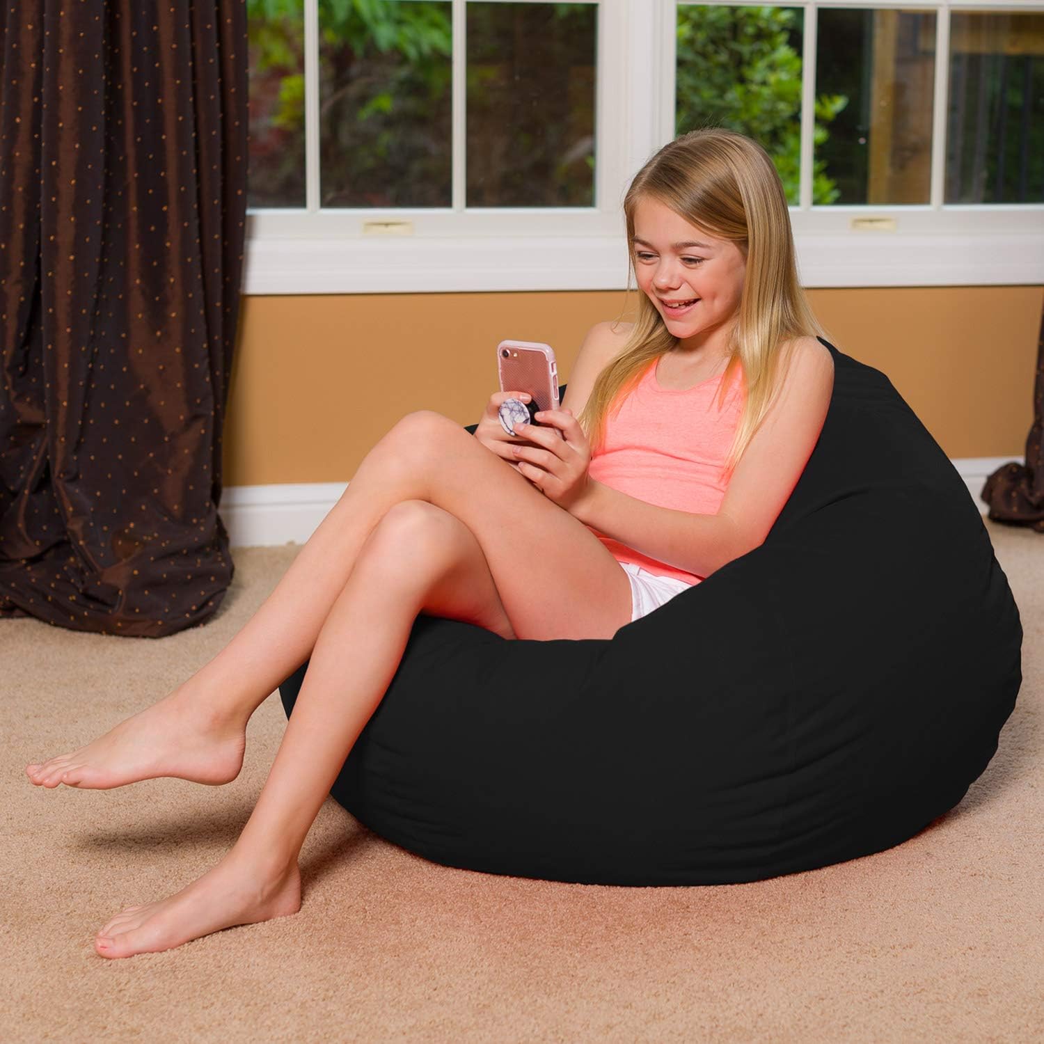 Posh Creations Bean Bag Chair for Kids, Teens, and Adults Includes Removable and Machine Washable Cover, Solid Black, 38in - Large