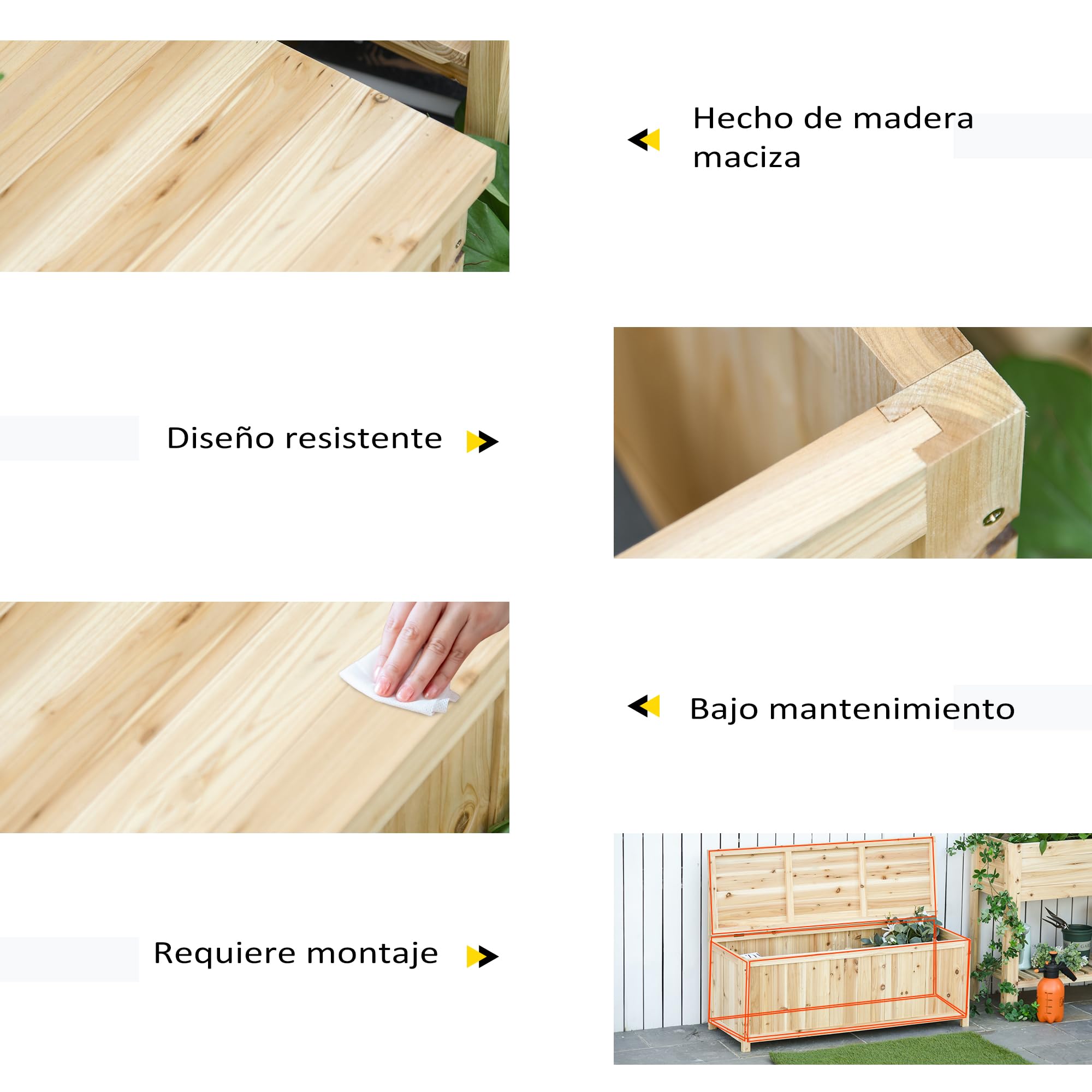Outsunny Banco de Jardín de Madera Banco de Exterior 115x45x75 cm Natural | Caja de Almacenaje, Respaldo, Carga 250 kg, para Patio Terraza Balcón