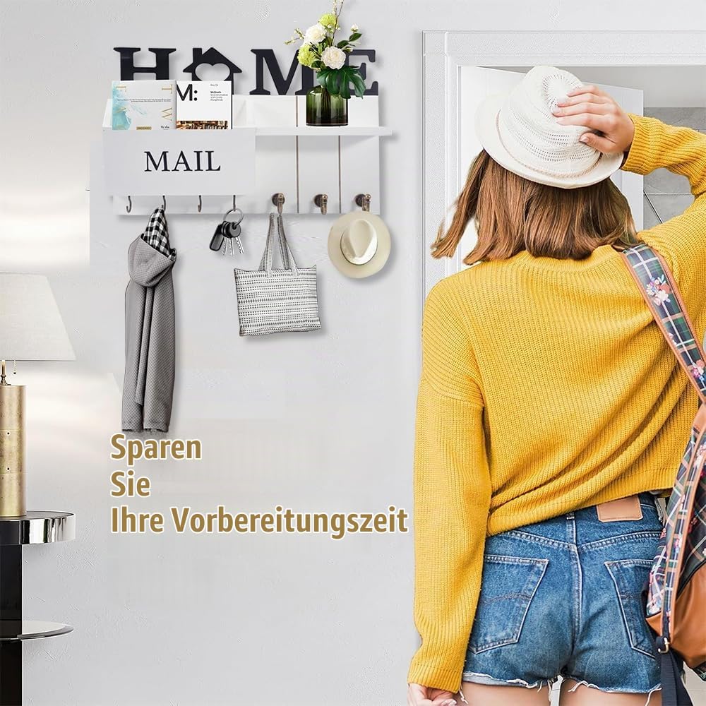 Briefhalter Schlüsselbrett, Schlüsselbretter Wandhalterung mit Ablage, Schlüsselbrett Holz mit 7 Schlüsselhaken Schlüsselhaken für Verbindungsgang Flur, Weiß