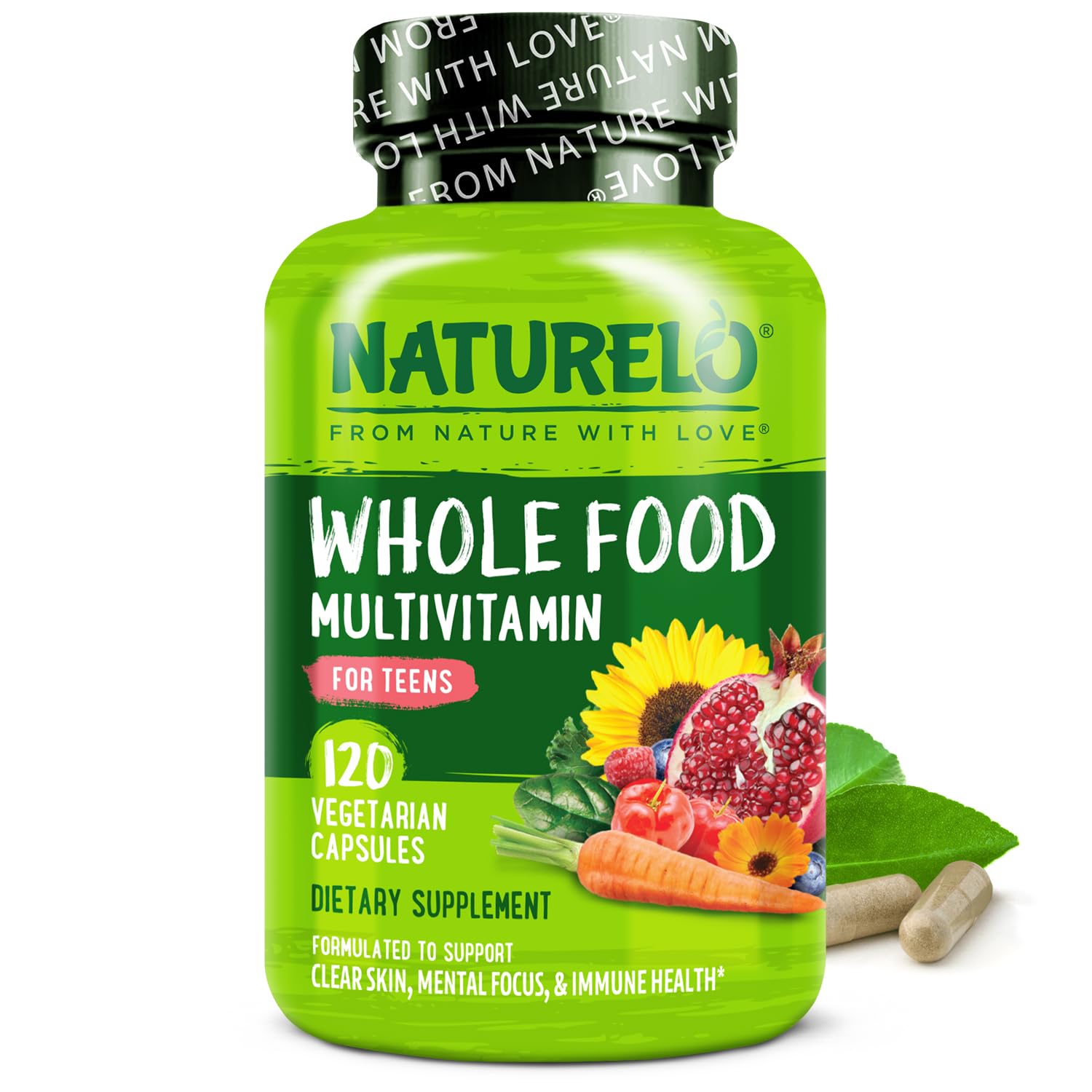 NATURELO Whole Food Multivitamin for Teens - with Vitamins & Minerals for Teenage Boys & Girls - Supplement for Active Kids - Non-GMO - Vegan & Vegetarian - 120 Capsules