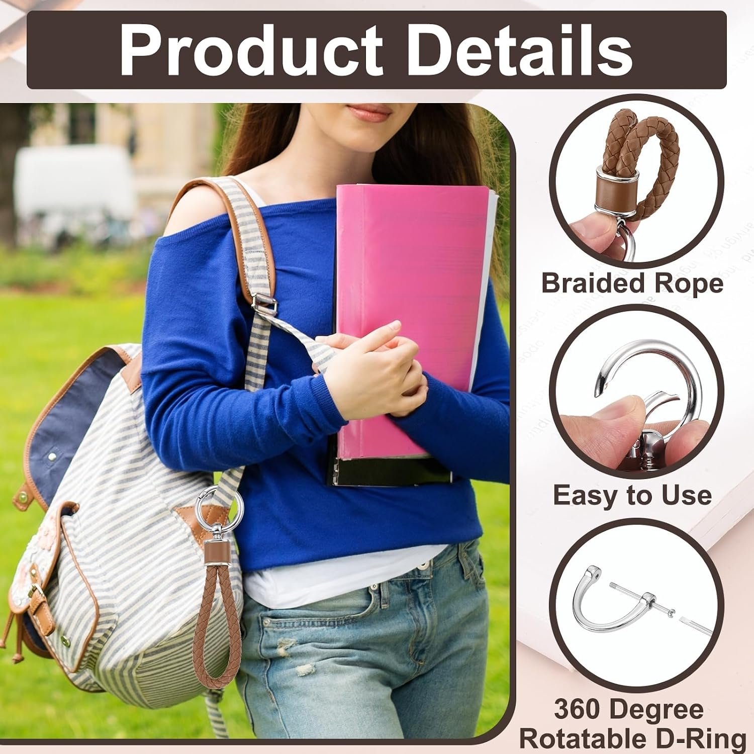 MECCANIXITY Weave Key Chain Ring Braided Rope Leather Keychain with 360 Degree Rotatable D-ring and Screwdriver Zinc Alloy