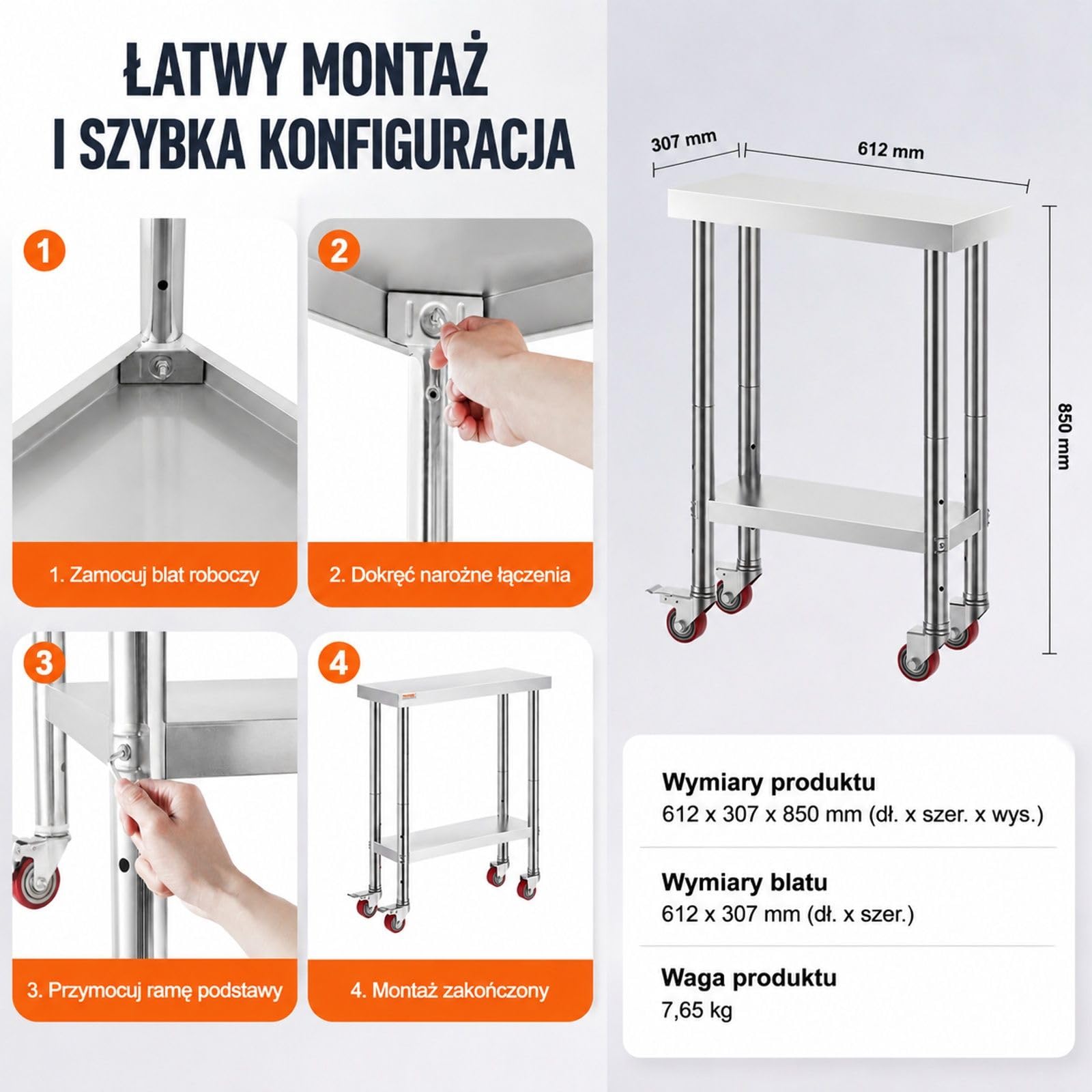 Stół roboczy ze stali nierdzewnej na 4 kółkach z regulowaną dolną półką do kuchni i warsztatu