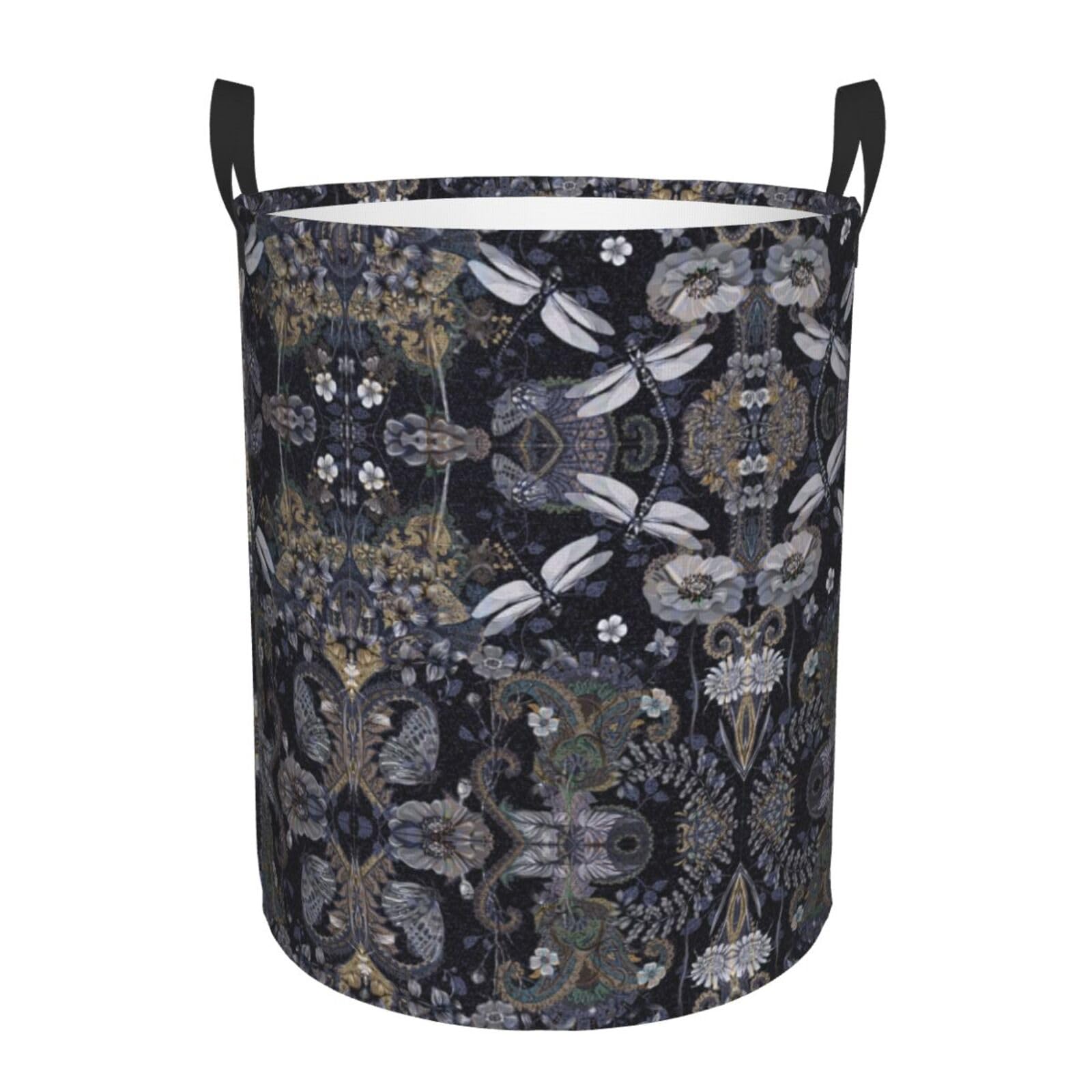 M Collapsible Round Dragonflies Grey Print Laundry Hamper