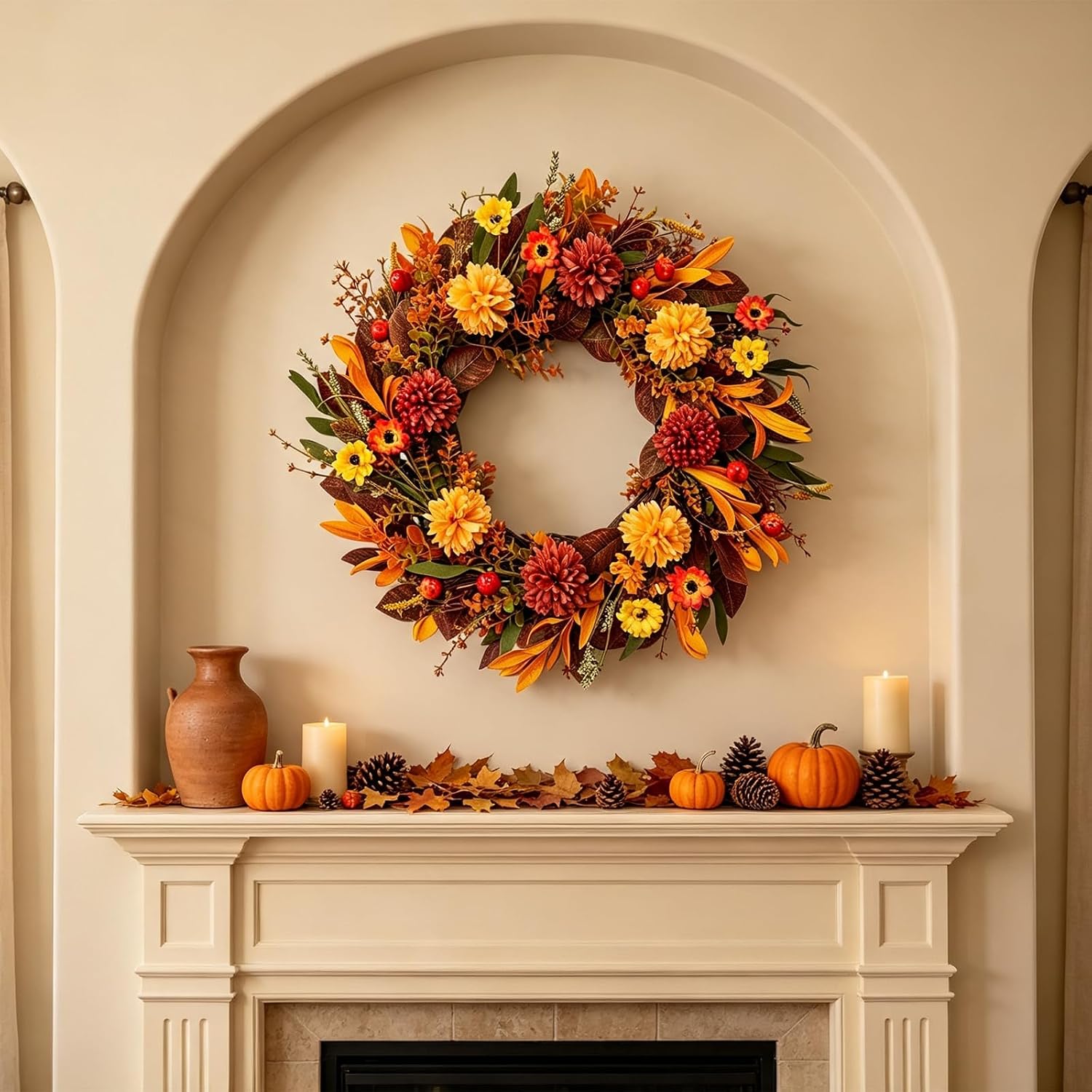 Lslefu22 Inch Fall Wreaths for Front Door – Artificial Hydrangea Daisy Wreath with Boxwood Leaves, Berry & Mini Pumpkins, Rustic Farmhouse Autumn Decor for Thanksgiving, Indoor Outdoor Porch Wall