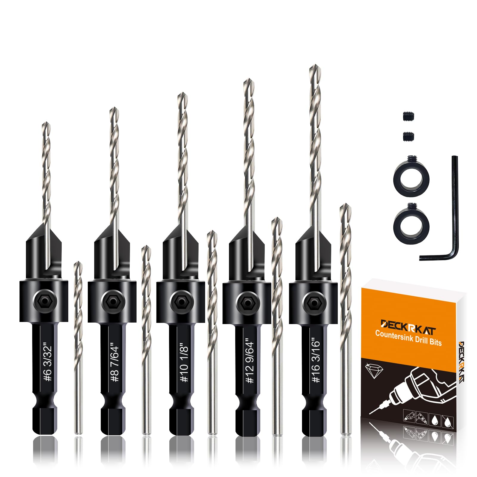 DECKRKAT 12-Piece Countersink Drill Bit Set - 3-in-1 Wood Counterbore Kit for #6#8#10#12#16 Screws | 82° Chamfer, Depth Adjustable | 5 Spare Bits,2 Limit Rings,Hex Key,Case.
