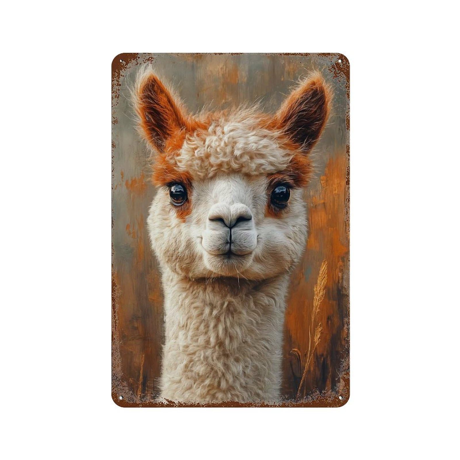 Rust Effect Portrait of A Cute Alpaca Rustic Tin Plaque 11.8"x7.9", Industrial Home Decor for Bistro, Counter And Cafe Decor