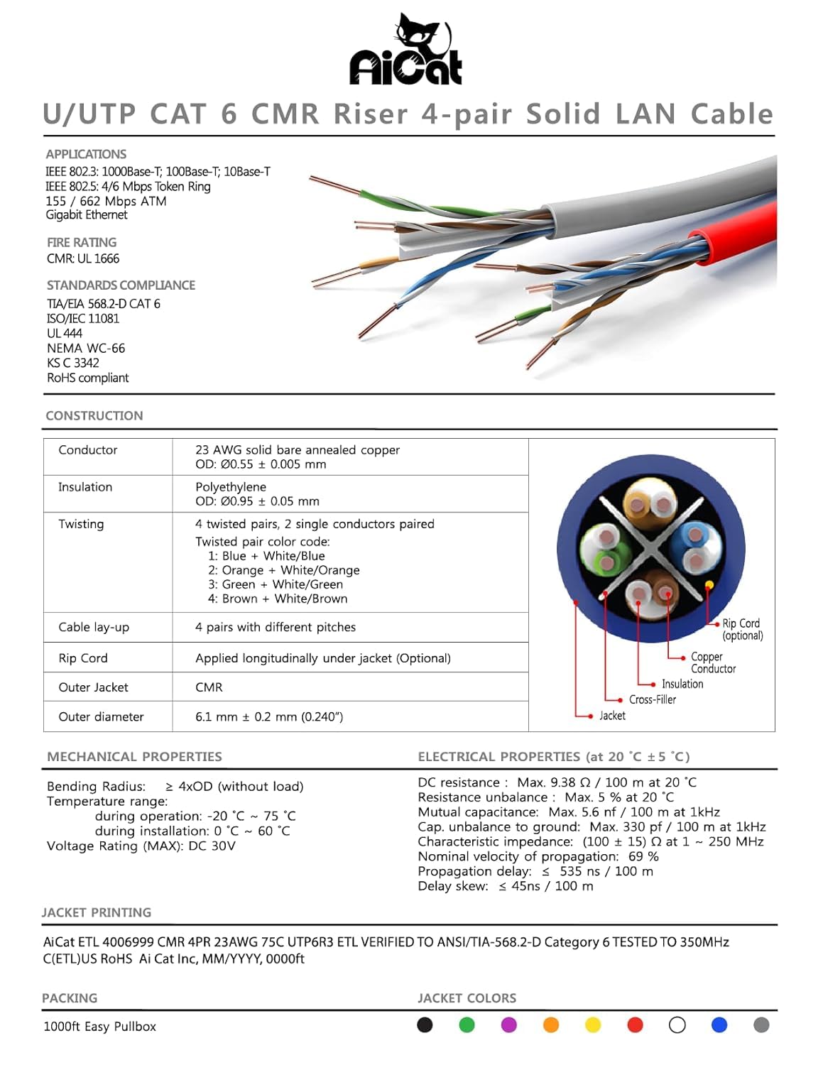 AiCat Cat 6 Ethernet Cable 1000ft - 23 AWG, CMR, Insulated Solid Bare Copper Wire Cat6 Cable with Noise Reducing Cross Separator - 550MHZ / 10 Gigabit Speed, PoE++, UTP LAN Cable (Orange)