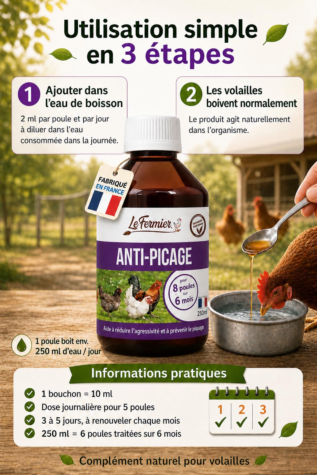 Anti-Picage Poules 250 ML – Complément Liquide pour Volailles – Aide à Réduire Picage, Stress & Agressivité – pour Poules, Canards, Oies – sans Impact sur Les Œufs