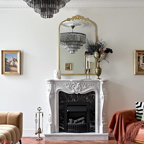 Miniatura 8 de Arendahl - Espejo de pared tradicional con arco de oro antiguo, 24 x 42 pulgadas, elegante espejo rectangular tallado con marco de metal adornado