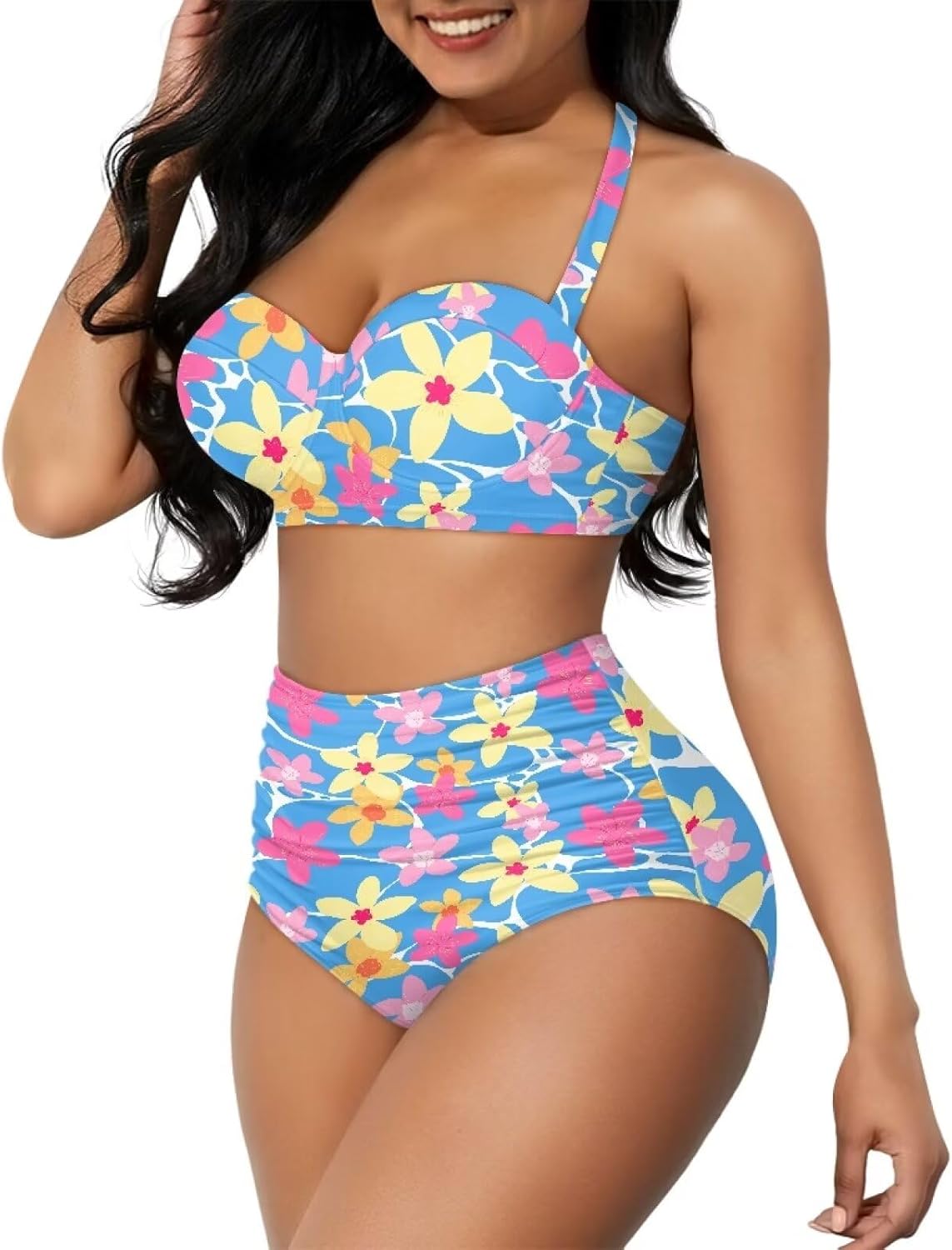 Suobstales Tummy Control Swimsuit for Women Two Piece High Waisted Bikini Sets Beach Swimwear Hanging Neck Bathing Suit