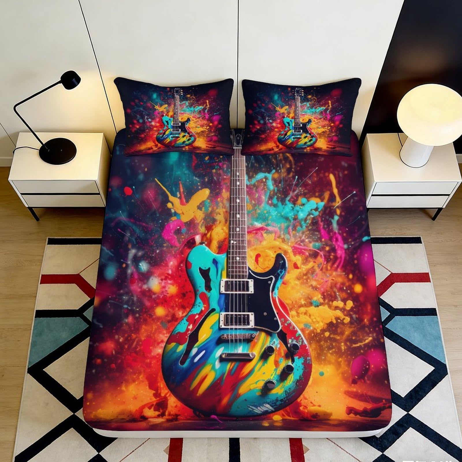 3D Printed Colorful Guitar Fitted Sheet Microfiber Soft Artistic Splash Bed Cover for Bedroom Dorm Decor Protection 90x200x25cm