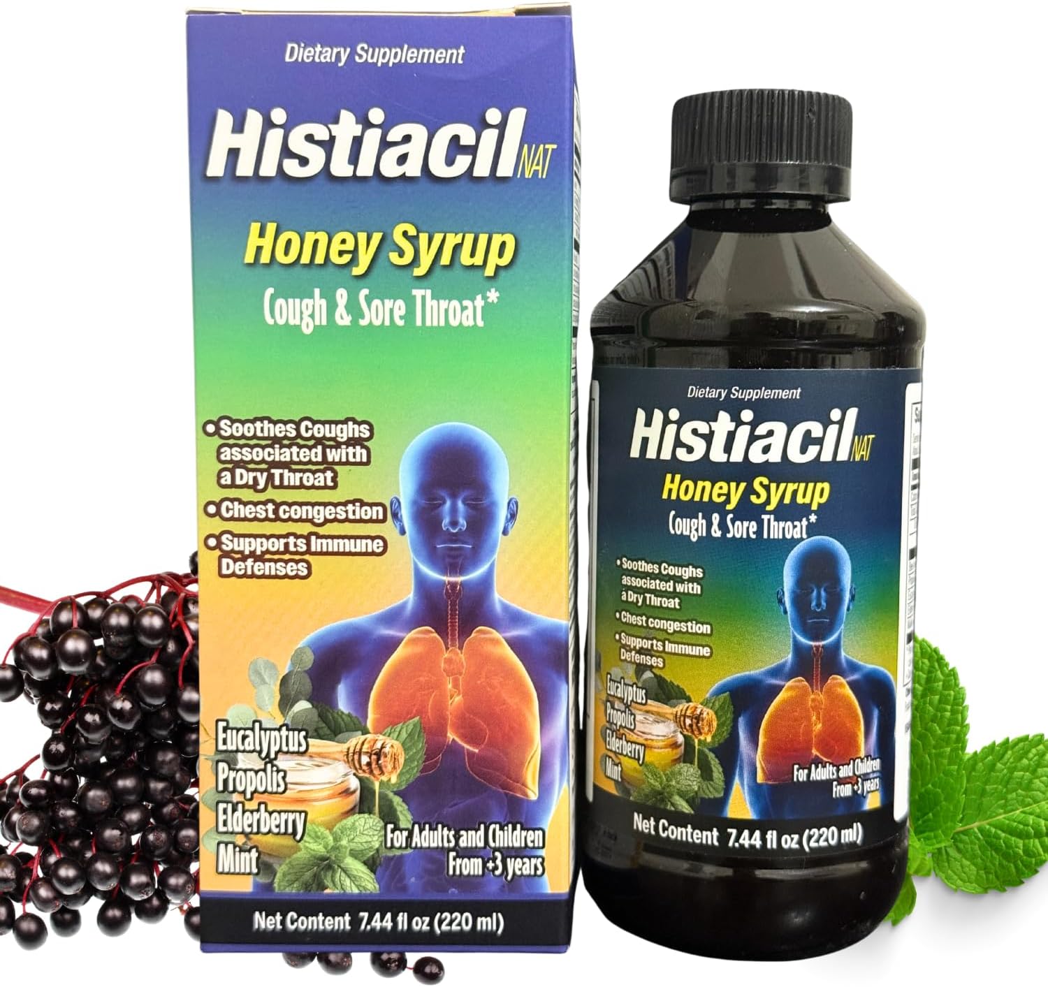 Histiacil NAT Honey Syrup, Natural Cough & Sore Throat Relief with Honey, Propolis, Eucalyptus, Elderberry & Mint – Immune Support – 7.44 fl oz, for Adults & Kids Ages 4+