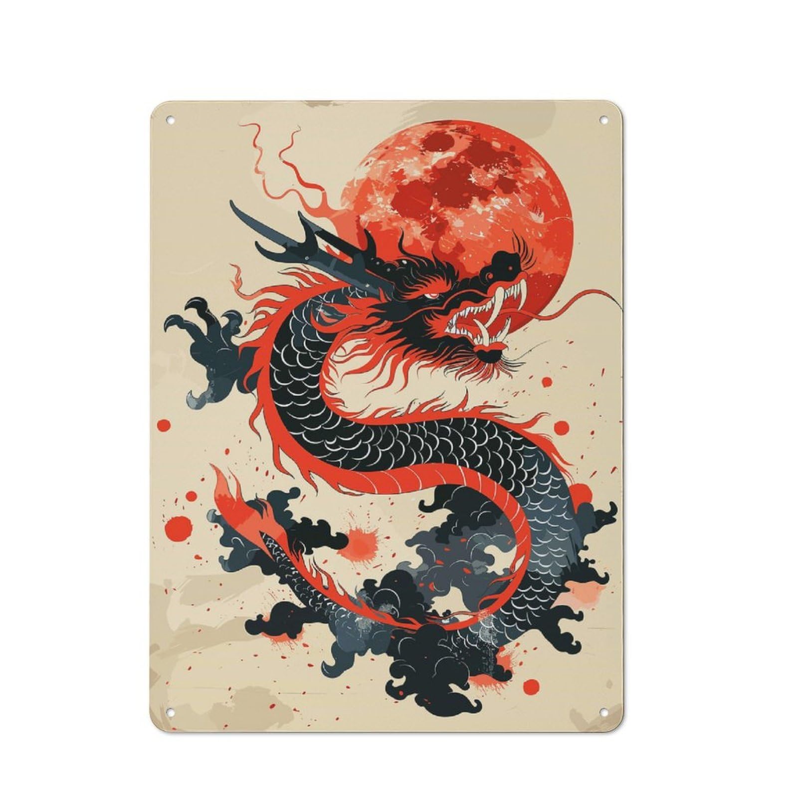 Junmoney Style-5 Tin Wall Plaque 40X30cm With Chinese New Year Dragon For Garage Wall, For People Furnishing A Garage, For Retro Home Interiors