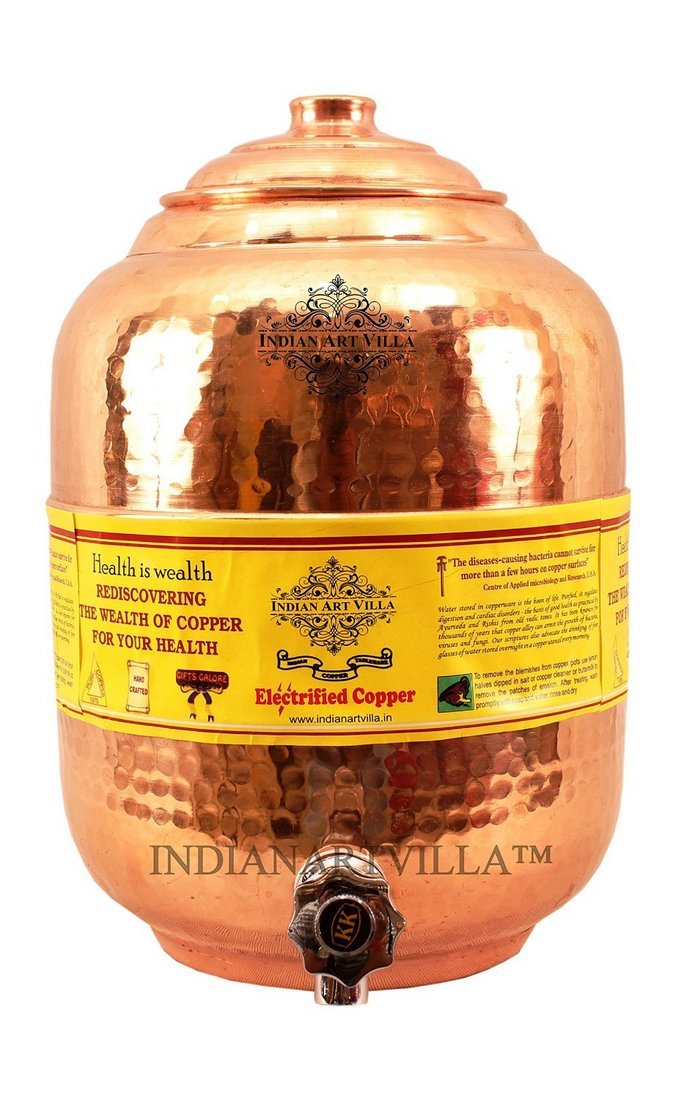 Indian Art Villa Copper Water Dispenser Container Pot Tank, Storage Water Home Kitchen Garden, Beneficial for Health, 5 Ltr.