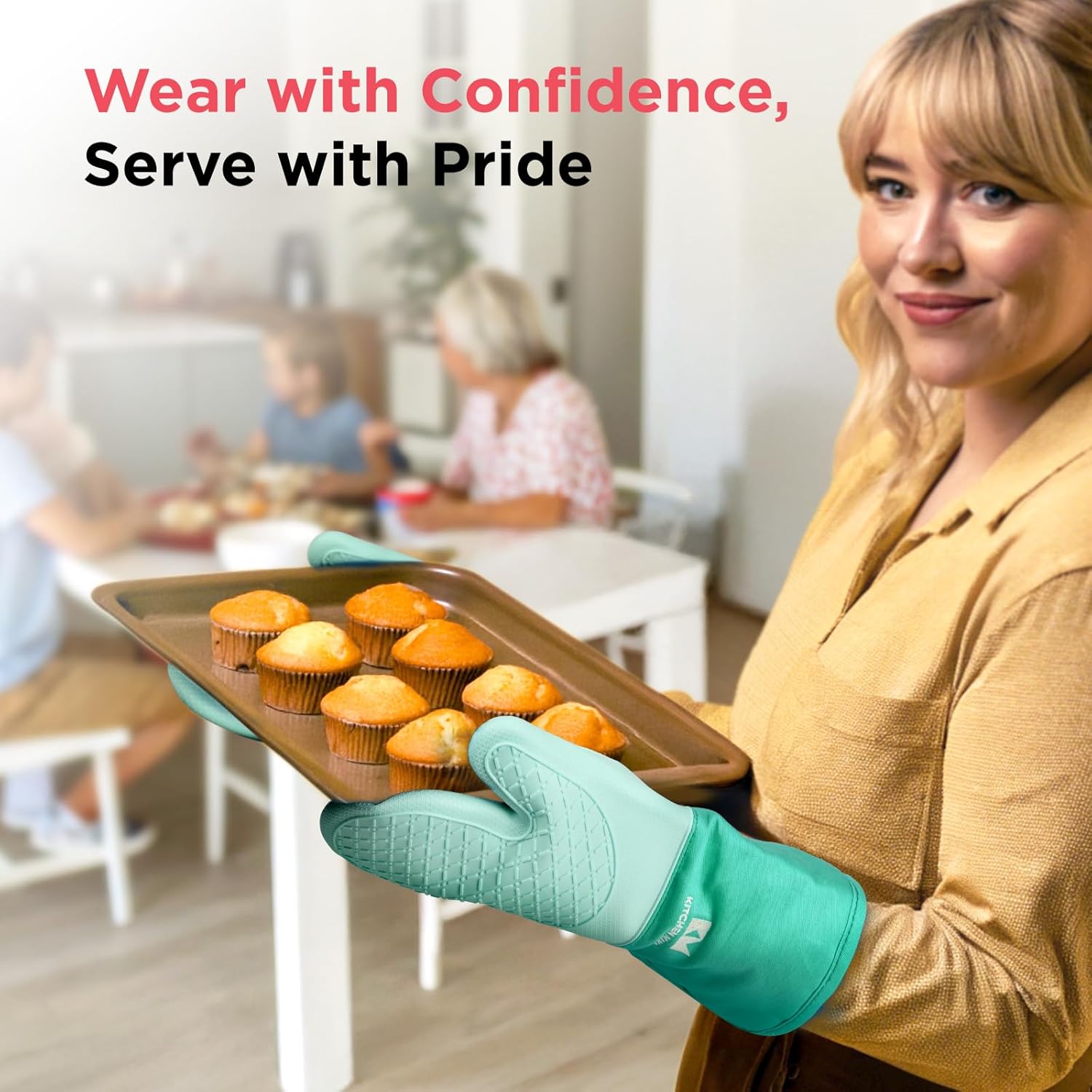 Kitchen Mama UltraShield Silicone Oven Mitts – Heat Resistant, Non-Slip Surface, Durable, Safe, Pot Holders, Flexible Waterproof Glove Set, Perfect for Cooking, Baking, Grilling, BBQ (Teal)